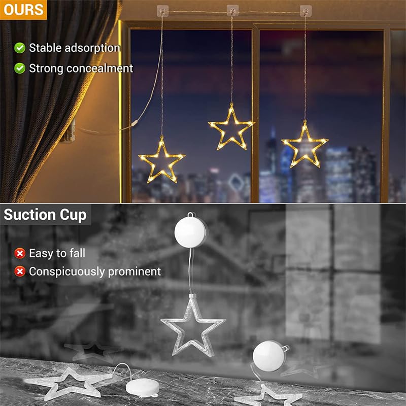 3 Pack Christmas Window Star Lights - Battery Operated Indoor/Outdoor Decor with 8 Lighting Modes (Warm White) for Holiday, Porch, Party & Home Decoration
