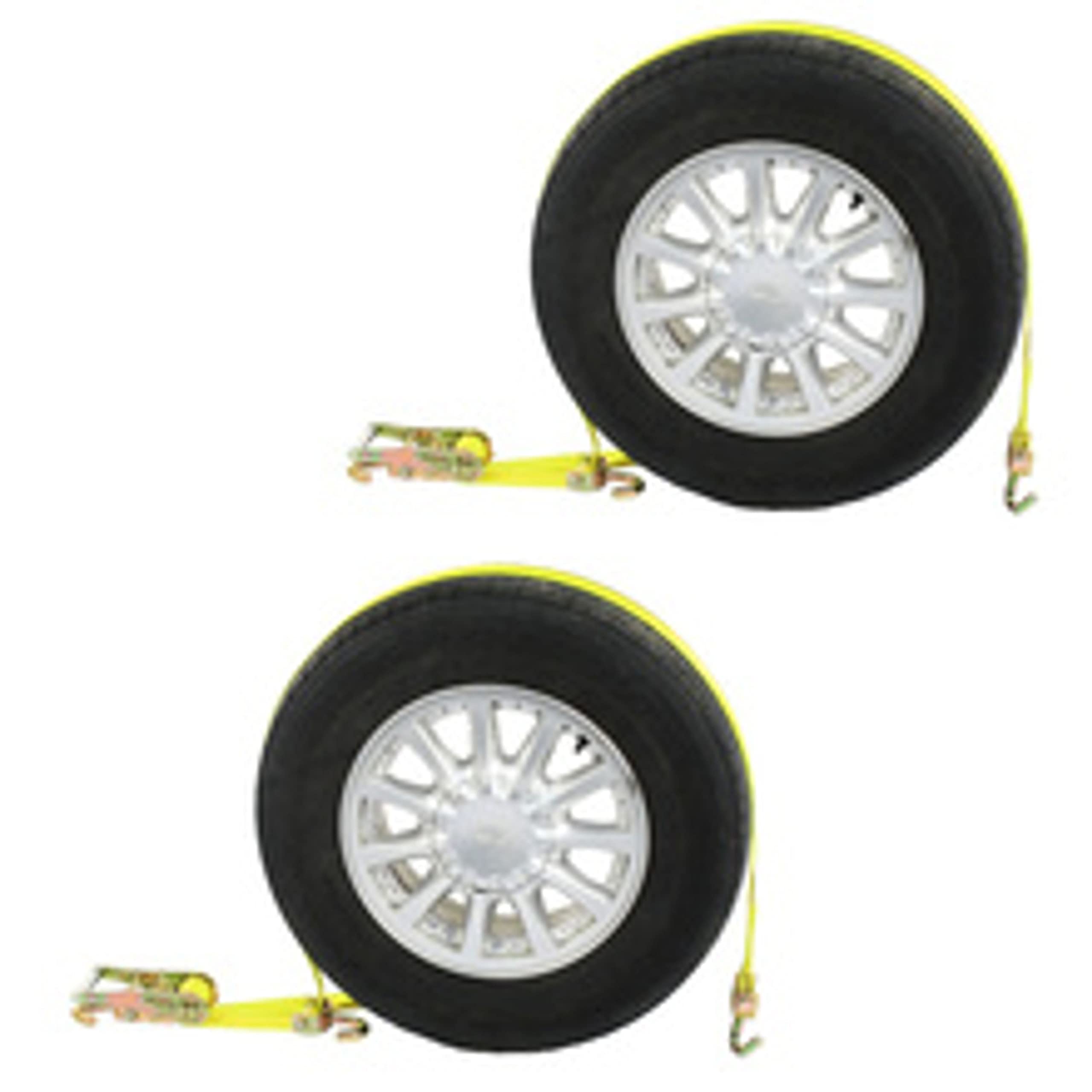 Heavy Duty 2-Inch Yellow Over The Tire Wheel Straps with Swivel Hooks & Ratchet - 2 Pack (2,200 lb Capacity) for Vehicle Transport, ATV, Motorcycle, Boat & Trailer Securing