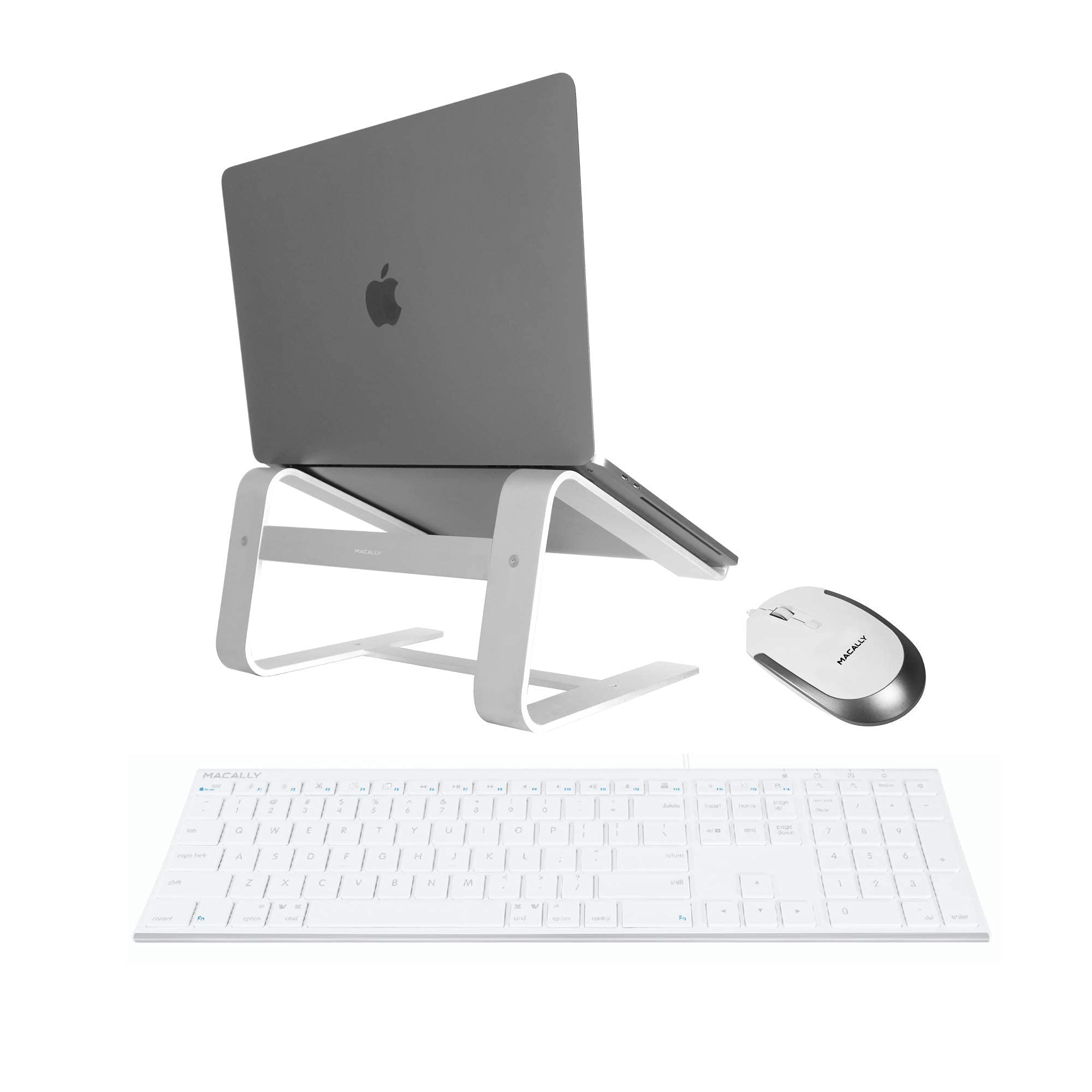 Macally Ultra Slim Wired Keyboard & Silent Mouse Combo with Ergonomic Laptop Stand - Perfect for Home Office, Remote Work & Productivity Setup