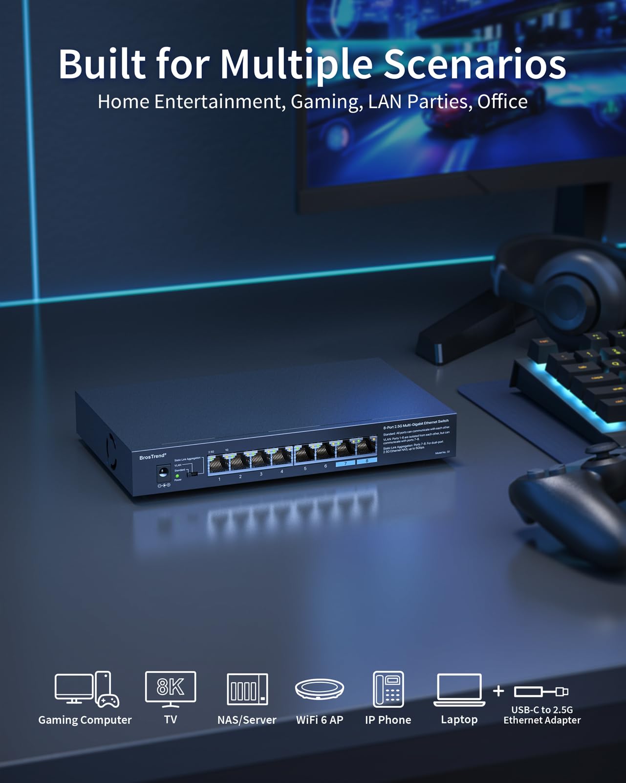 BrosTrend 8-Port 2.5G Multi-Gigabit Ethernet Switch - Unmanaged Network Switch with VLAN Support, Static Link Aggregation, Silent Operation, Wall Mountable for Home & Small Business Use - Lifetime Warranty - Perfect for Home Office, Gaming Setup, and Small Business Networks