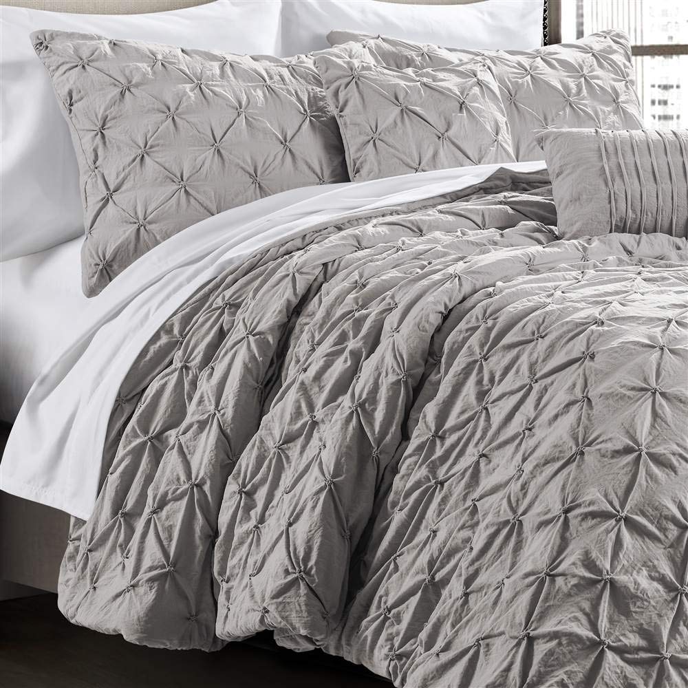 Luxury Lush Decor Ravello Pintuck Comforter Set - 5 Piece Textured Bedding Collection - Elegant Traditional Glam & Farmhouse Style - Full/Queen Size Light Gray - Perfect for Master Bedroom, Guest Room & Cozy Home Decor