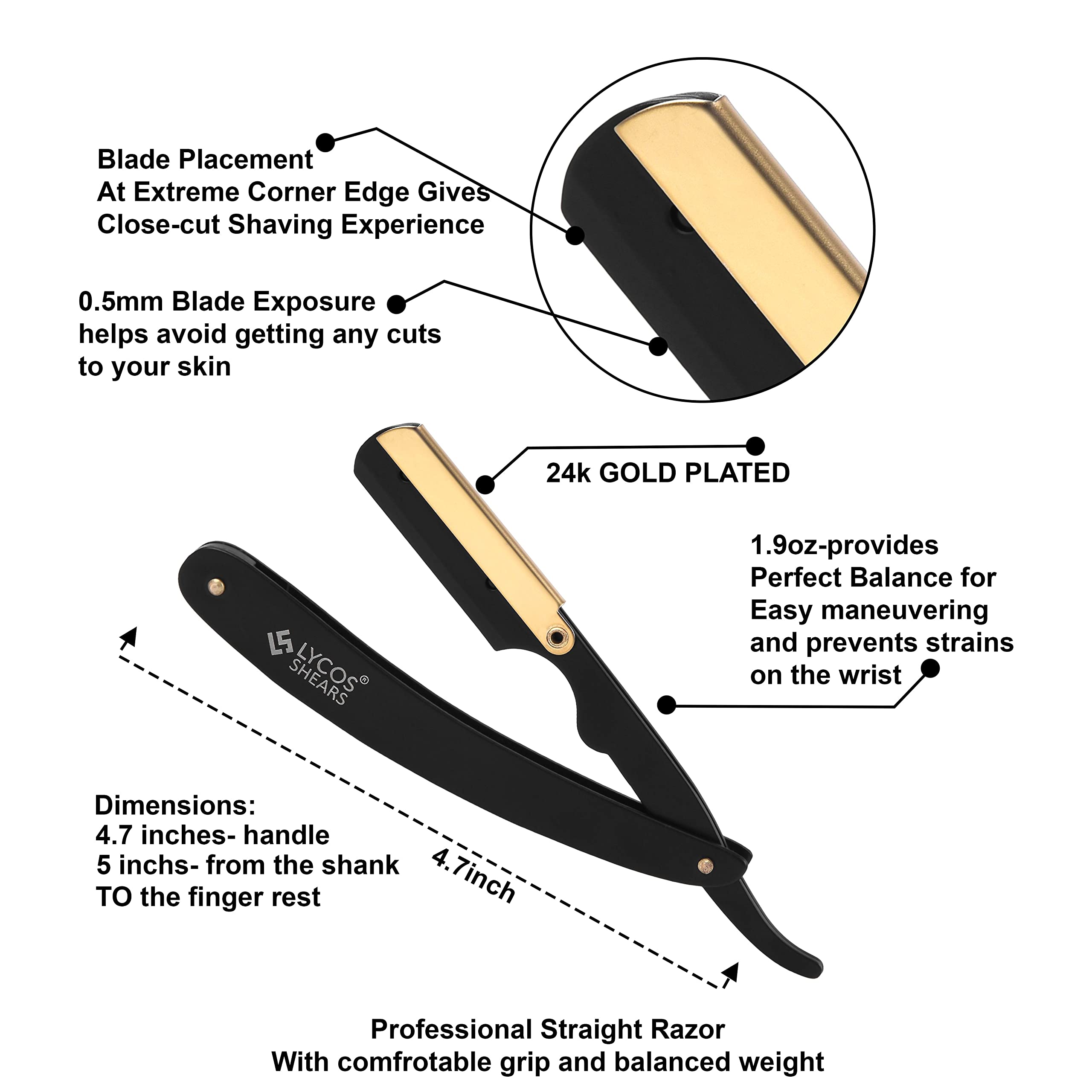 LYCOS Shears Classic Matte Cut Throat Razor Kit for Men - Gold Plated Stainless Steel Barber Straight Razor - Professional Salon Quality Hair & Beard Shaver - Foldable Design for Home & Travel Grooming