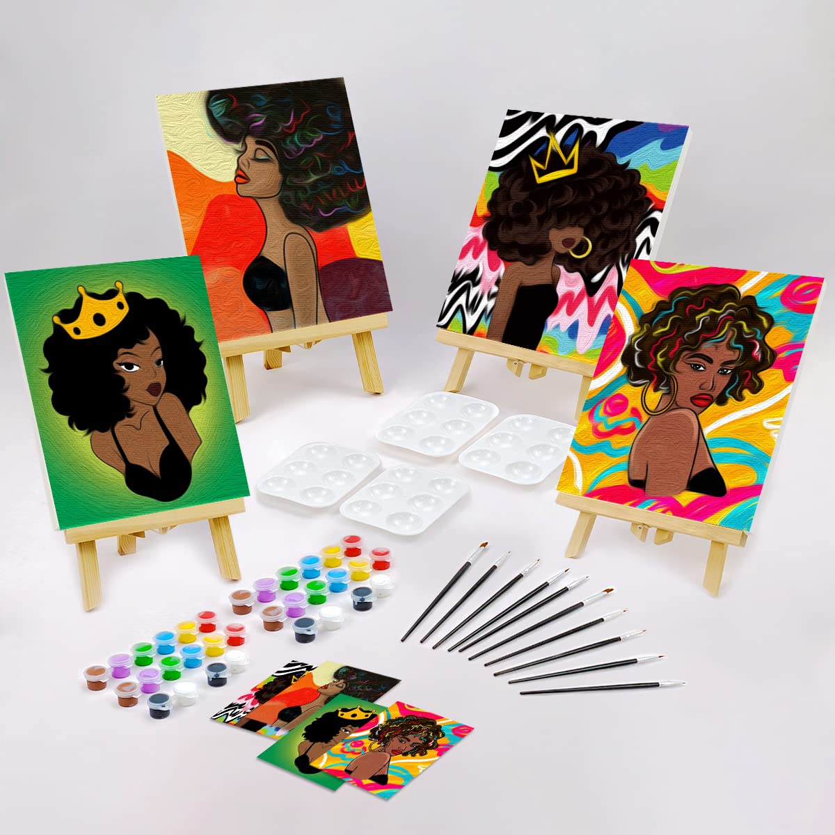 VOCHIC 4 Pack 8x10 Pre-Drawn Canvas Painting Kit for Adults - Afro Queen BLM Girl Art Set with Brushes & Paints | Perfect for Paint & Sip Parties, DIY Home Decor & Creative Gifts