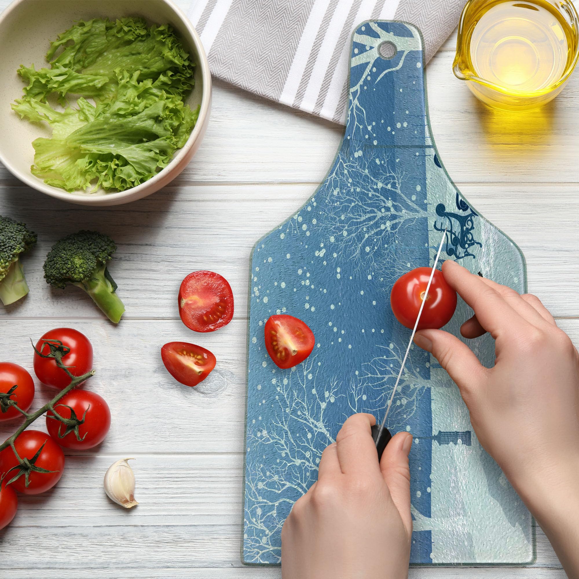 Snowy City Park Road Tempered Glass Cutting Board - Christmas-Themed Wine Bottle Shape Serving Board for Cheese, Charcuterie & Holiday Entertaining | Blue & White Decorative Kitchen Gift