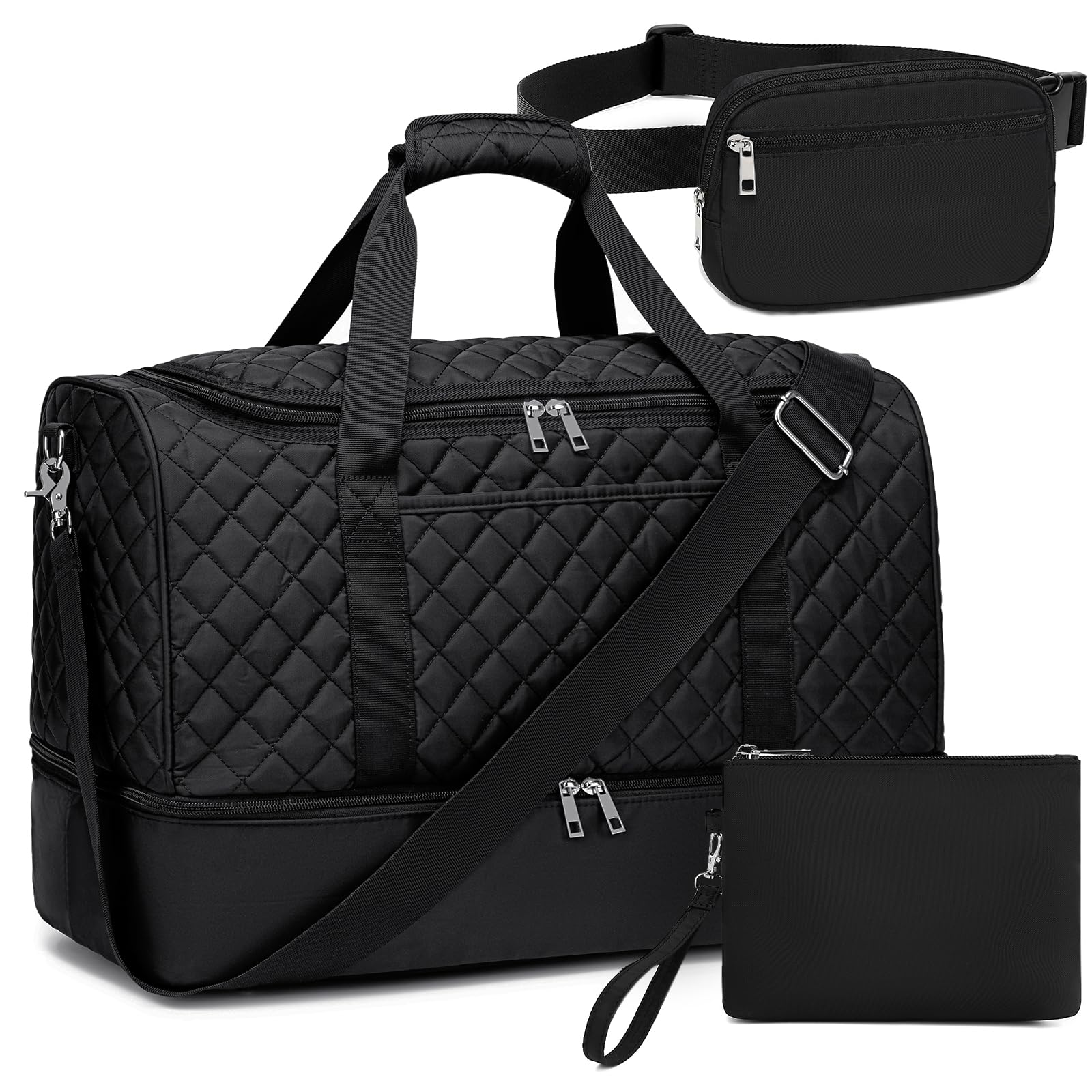 42L Travel Weekender Duffle Bag Set with Shoe Compartment - 3-Piece Carry On Luggage for Women & Men (Black Quilted) | Gym, Airplane Trip, Overnight Stay | Includes Fanny Pack & Makeup Bag