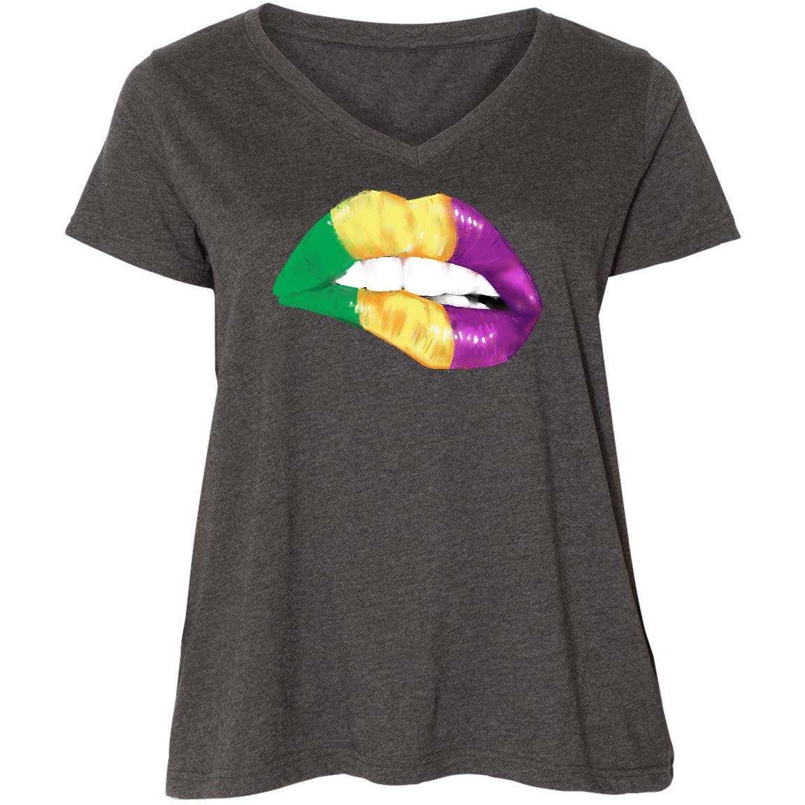 Inktastic Mardi Gras Biting Lips Graphic Tee - Green & Gold Print Women's Plus Size V-Neck T-Shirt - Perfect for Festivals, Parties, and Casual Wear