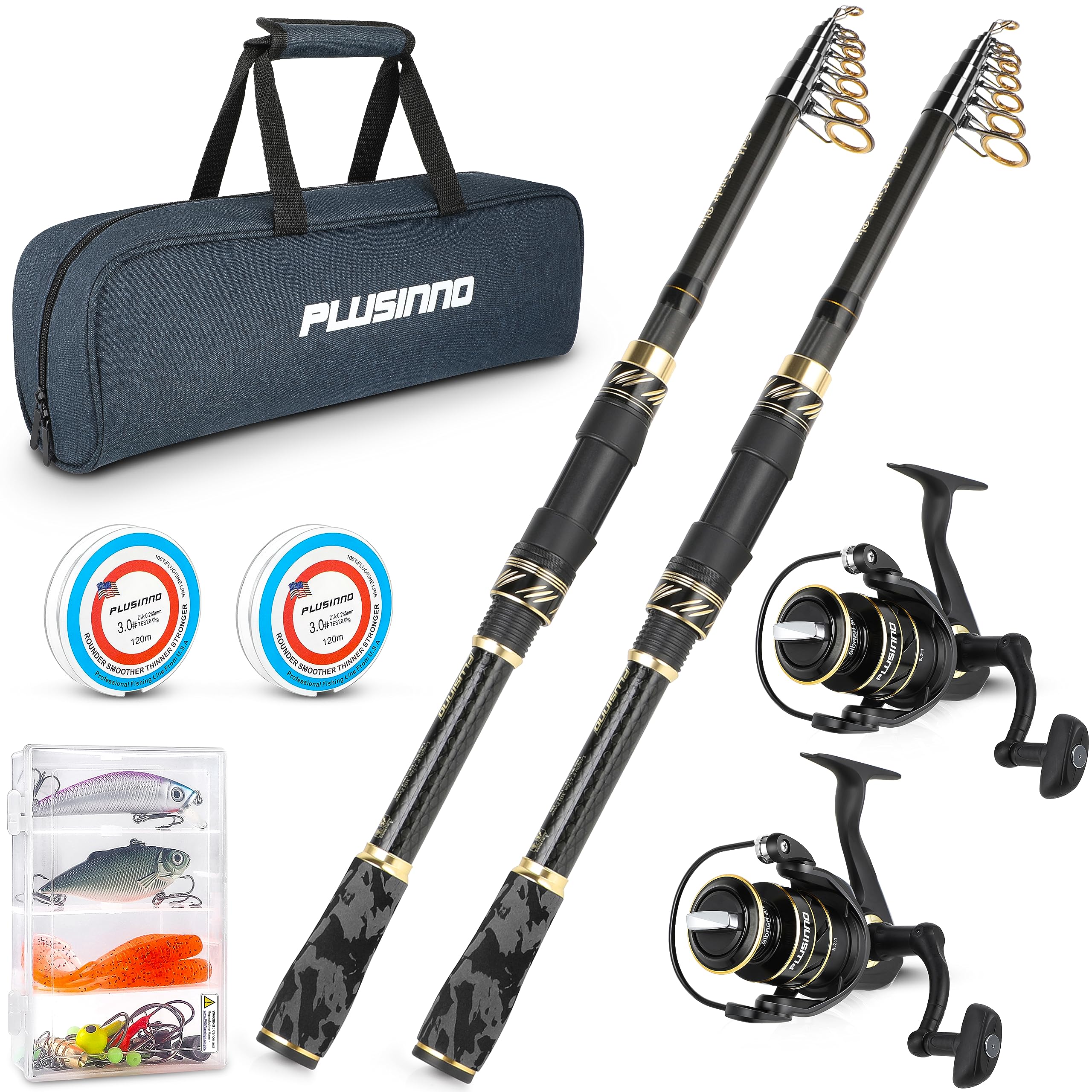 PLUSINNO Telescopic Fishing Rod and Reel Combo Kit - Portable Spinning Fishing Pole with Carrier Bag for Freshwater & Saltwater Fishing | Perfect Gift for Men & Women | Great for Shore, Boat and Travel Fishing Adventures