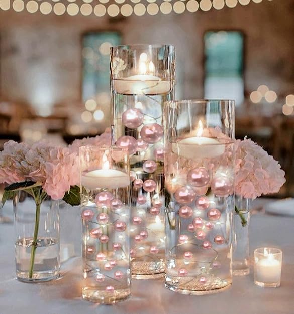 750 Floating Light Pink Pearl Beads for Vases - Fills 10 Gallons Water for Elegant Floating Effect - Includes Pre-Measured Floating Gel Packets & White Submersible LED Fairy Lights - Perfect for Weddings, Spa Decor, Bath Relaxation & Home Centerpieces