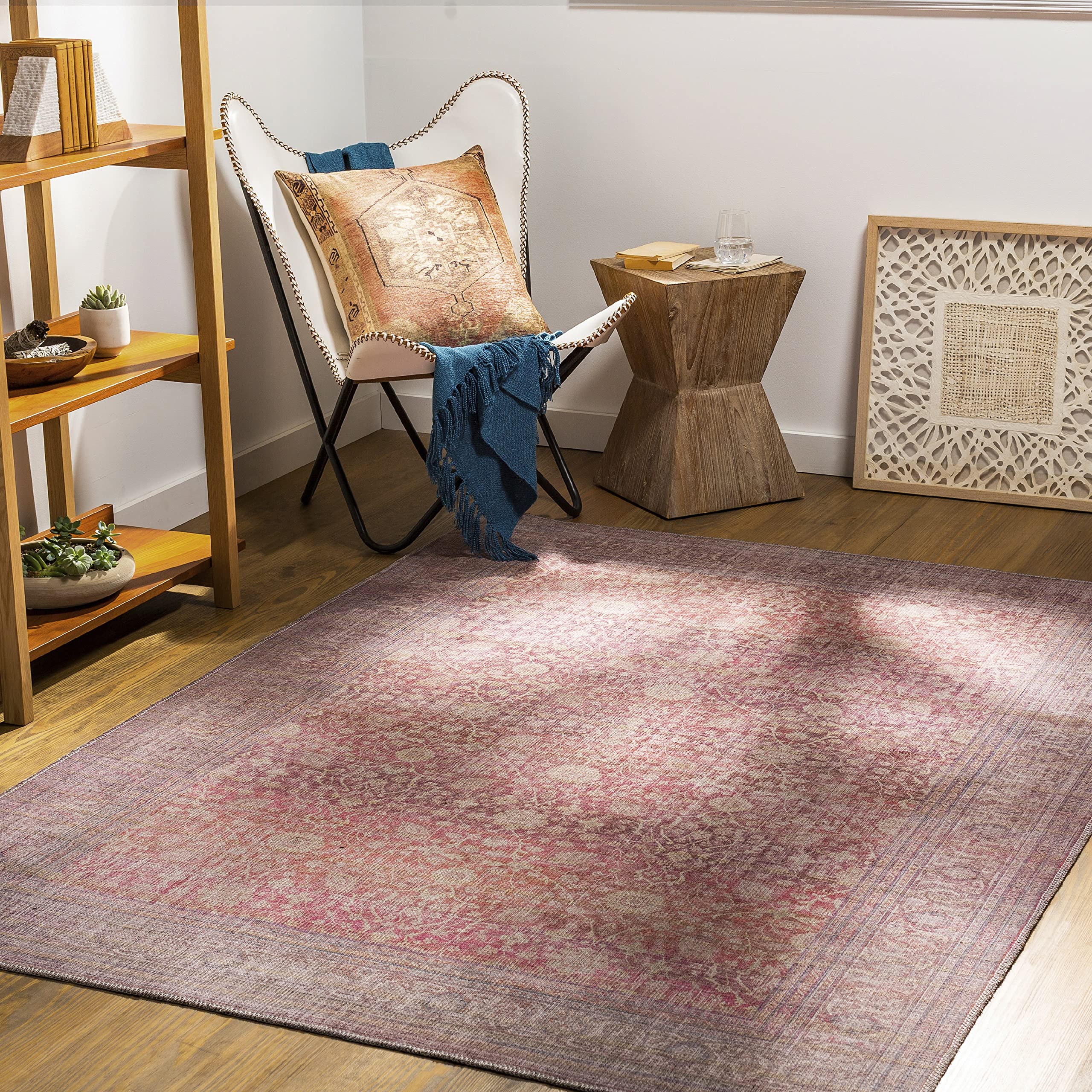 Mark&Day Washable Area Rugs 7x9 - Meridian Hills Traditional Brick Design Non-Slip Rug in Pink & Purple for Living Room, Bedroom, Kitchen - Machine Washable 6'7