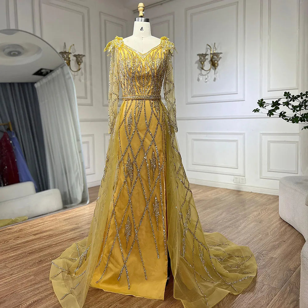 Luxury Dubai Evening Dresses for Women - Gold Beaded Mermaid Gown with Overskirt | Muslim Wedding Party Dress 2025 | Perfect for Formal Events, Red Carpet & Special Occasions