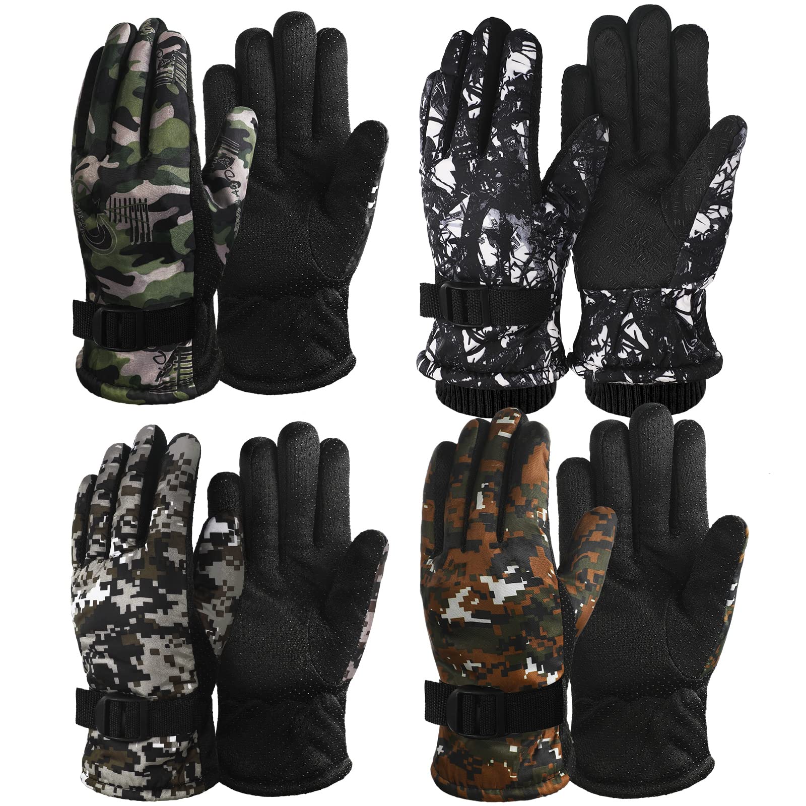 4 Pairs Kids Winter Gloves - Waterproof Snow Ski Gloves for Boys & Girls, Warm Thermal Hunting Gloves in Gray, Green & Camo - Perfect for Skiing, Snowboarding & Outdoor Winter Activities