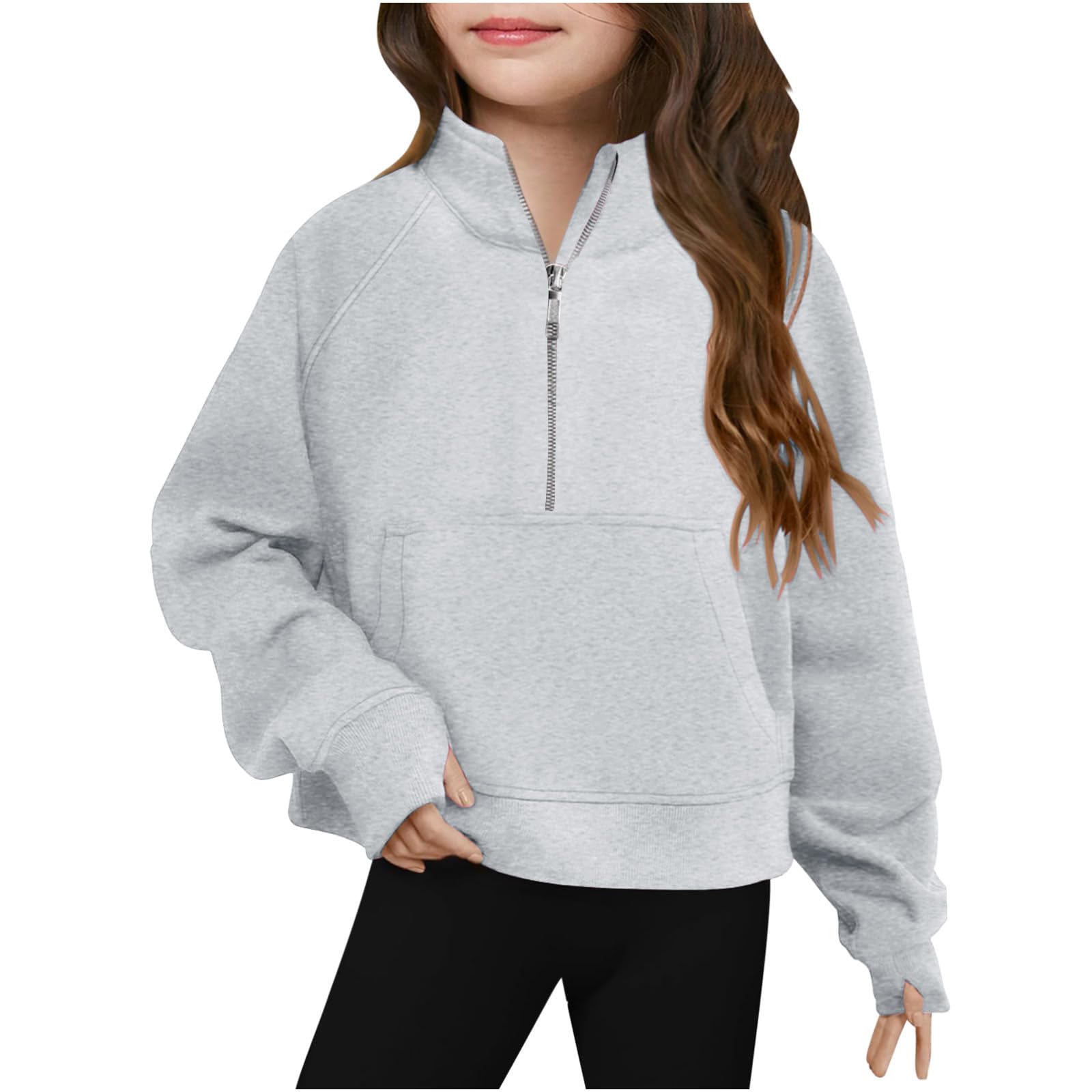 LRMQS Girls Half Zipper Sweatshirts - Cute Trendy Fall Pullover Crop Tops for Teen Girls, Long Sleeve Thumb Hole Sweater - Perfect for School, Outfits, and Casual Wear