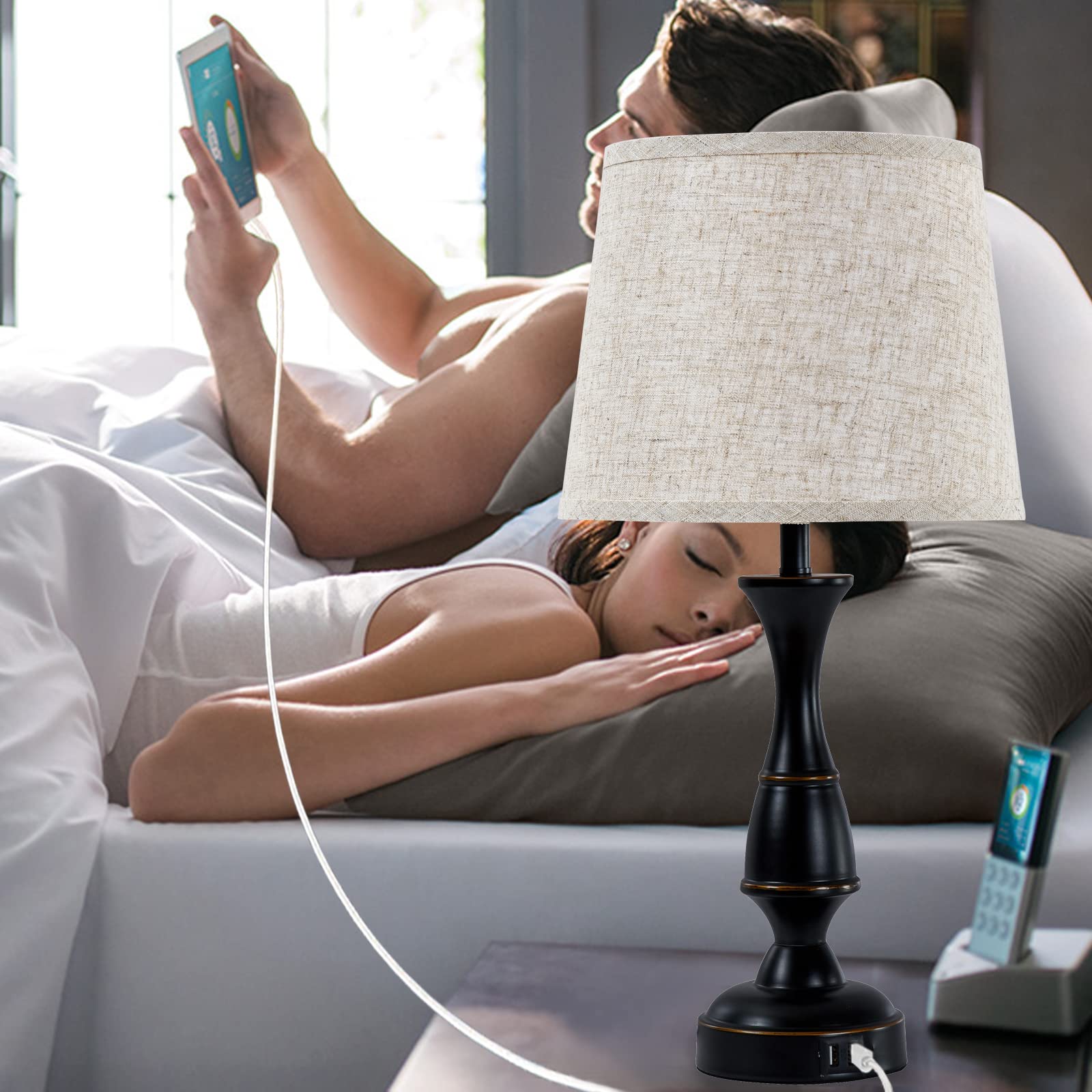 GyroVu Set of 2 Touch Control Table Lamps - 3-Way Dimmable Bedside Lamps with USB Charging Ports for Bedroom, Living Room & Office (Black, Bulbs Included) | Perfect for Night Reading, Home Decor & Workspace Lighting