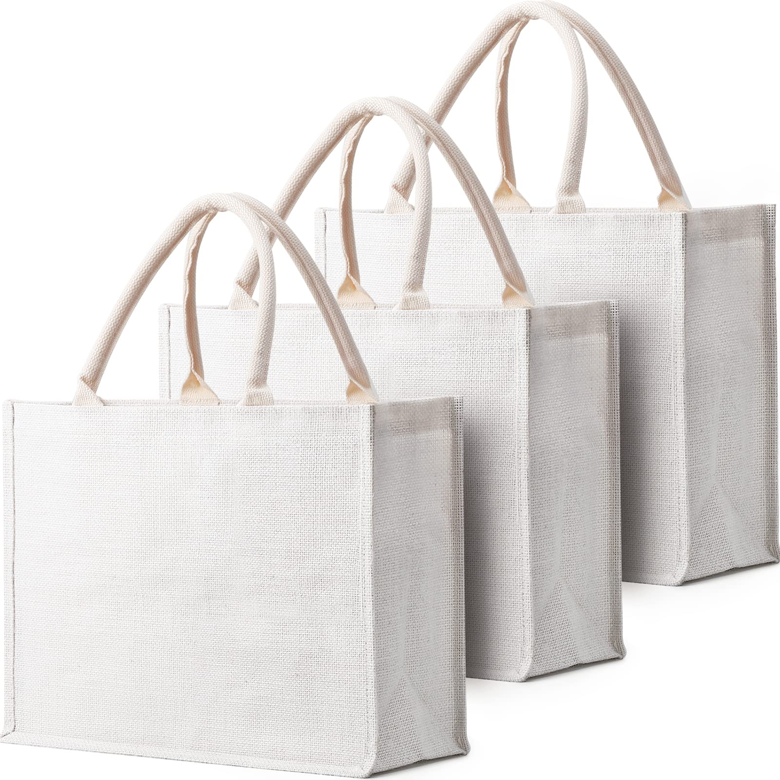 Segarty 3-Pack Large White Burlap Jute Reusable Canvas Tote Bags with Handles - Eco-Friendly Blank Bulk Totes for Bridesmaid Wedding Favors, Women's Grocery Shopping, Bachelorette Party & Beach Trips - Perfect for Farmers Market, Picnics and Everyday Use