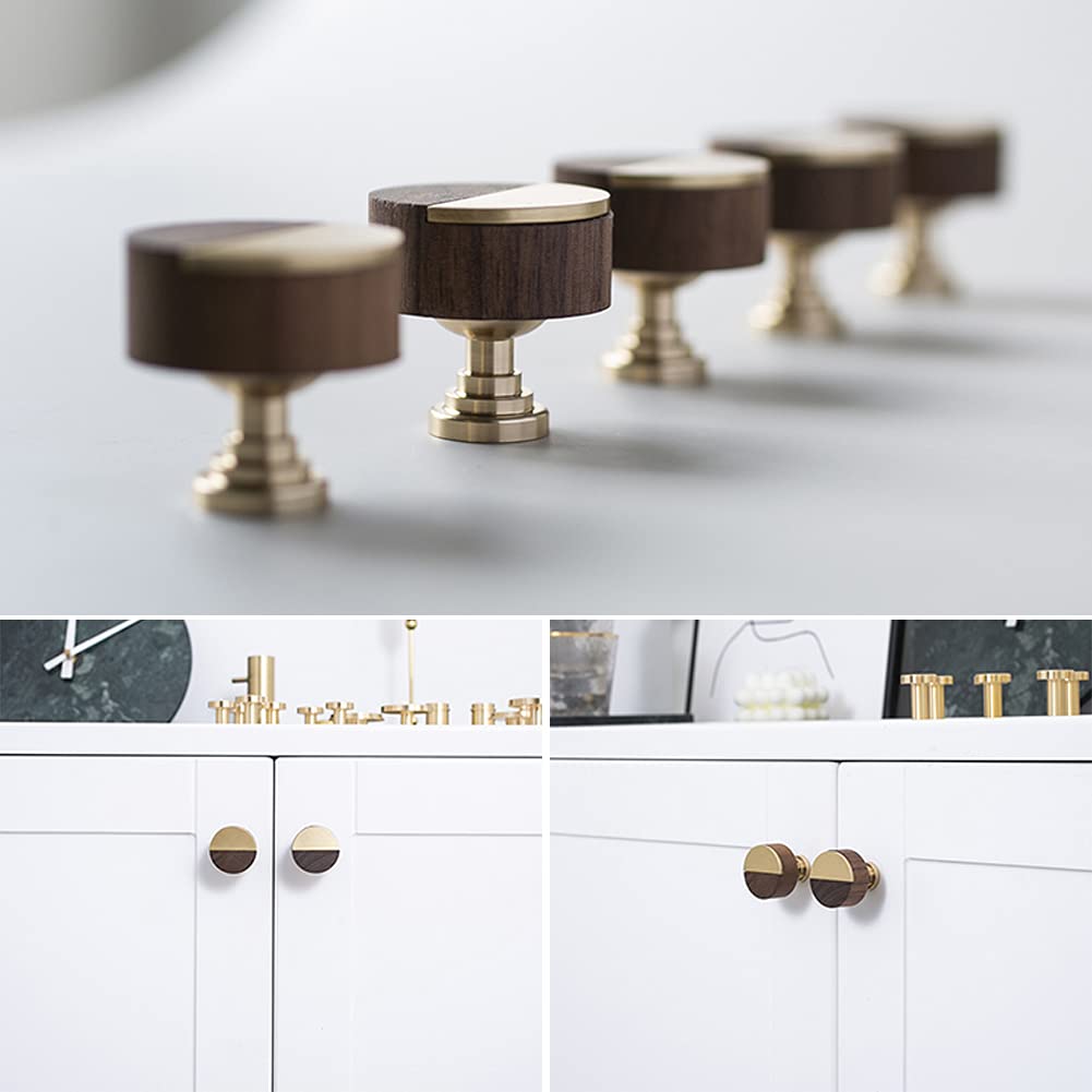 2Pcs Brass & Walnut Cabinet Knobs - Round Drawer Pulls for Kitchen & Furniture Hardware