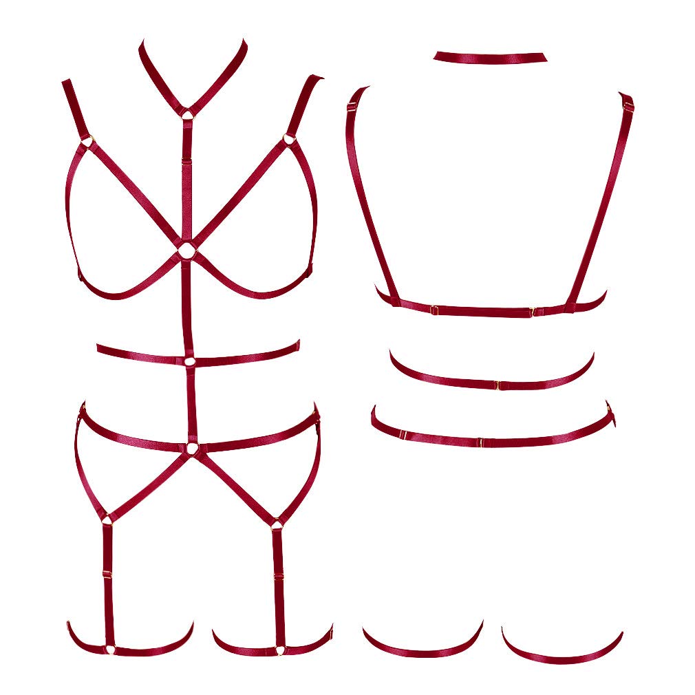 Women's Punk Full Body Harness & Cage Bra Set with Adjustable Straps, Stockings & Garter Belt - Gothic Lingerie for BDSM, Fetish Fashion & Nightclub Outfits