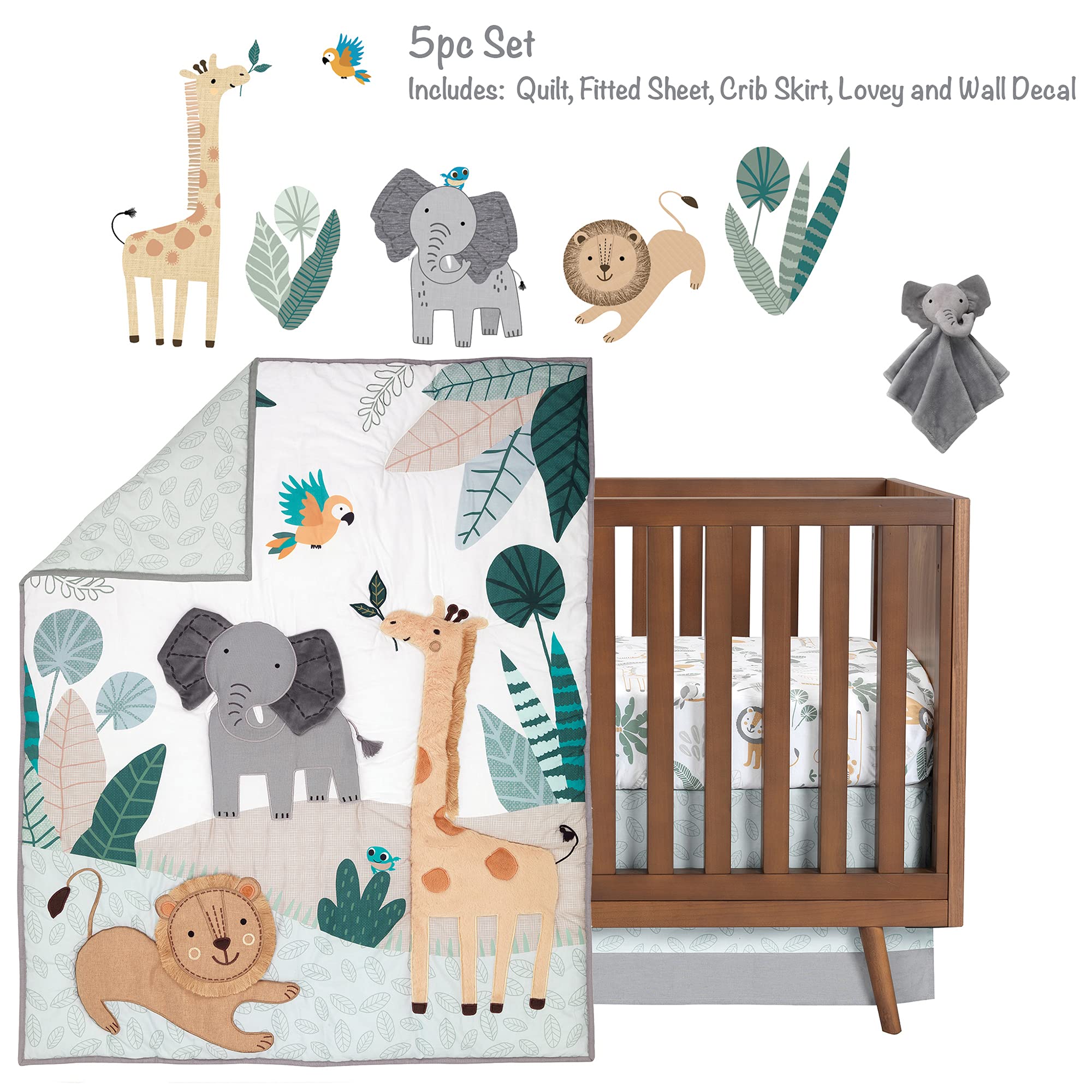 Lambs & Ivy Jungle Friends 5-Piece Safari Animals Nursery Baby Crib Bedding Set - Soft & Cozy Crib Sheets, Bumper, Skirt for Boys & Girls - Perfect for Jungle Theme Nursery Decor & Baby Shower Gifts