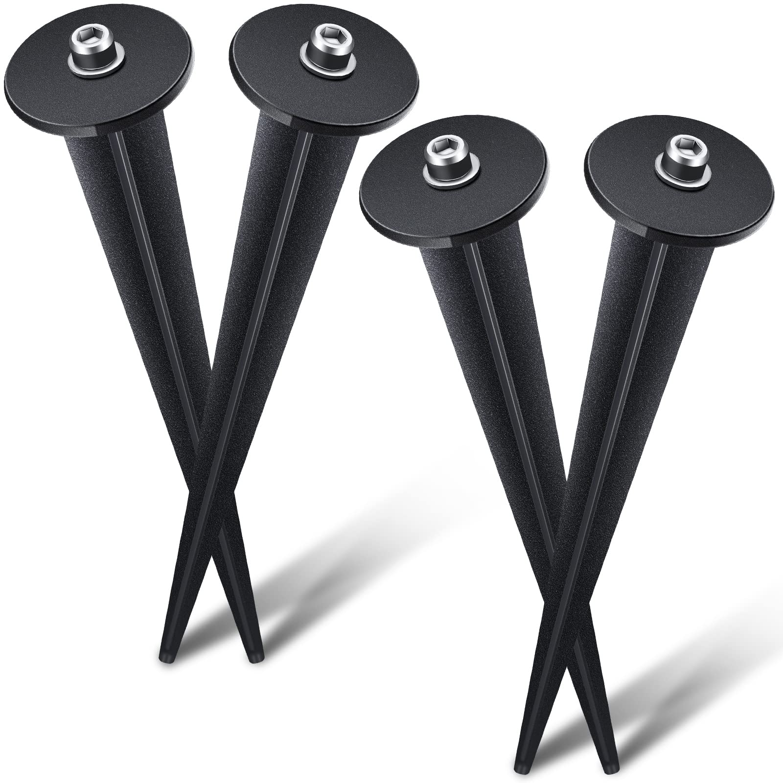 4 Pack Threaded Spike Flood Light Ground Stakes - 6.3 Inch Metal Replacement Stakes for Solar Lights with 8 Hex Screws - Outdoor Garden, Yard, Path & Lawn Lighting Accessories (Black) - Perfect for Landscape Lighting, Pathway Illumination & Decorative Outdoor Lighting