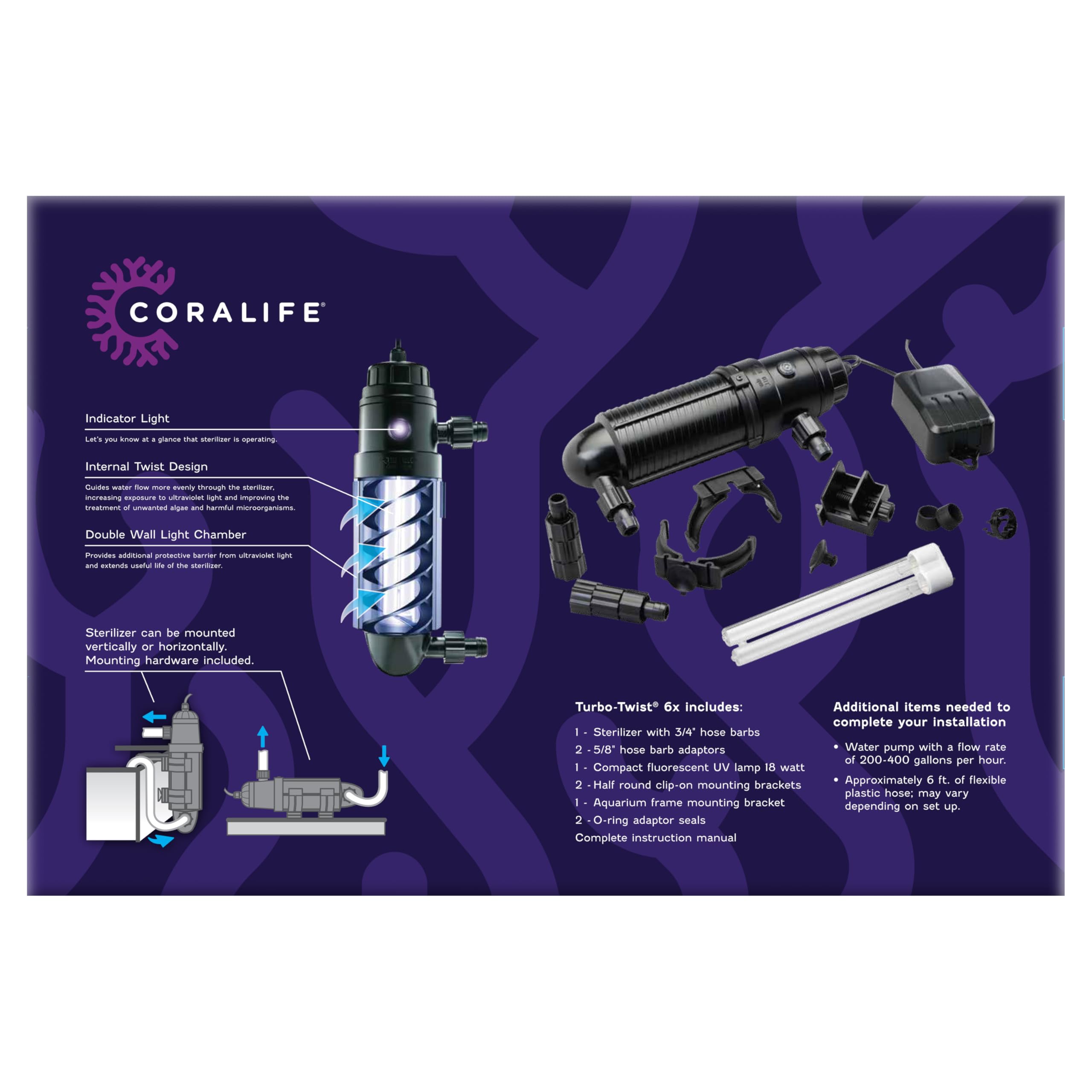 Coralife Turbo-Twist 6X UV Sterilizer for Saltwater Aquariums up to 250 Gallons - Marine Fish Tank Water Purifier for Reef & Coral Tanks | Eliminates Algae, Bacteria & Parasites