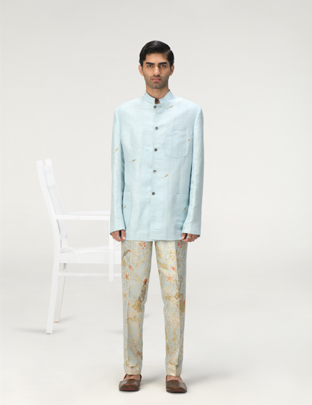 Elegant Classic Silk Brocade Trousers in Ice Blue - Perfect for Formal Events, Weddings & Special Occasions