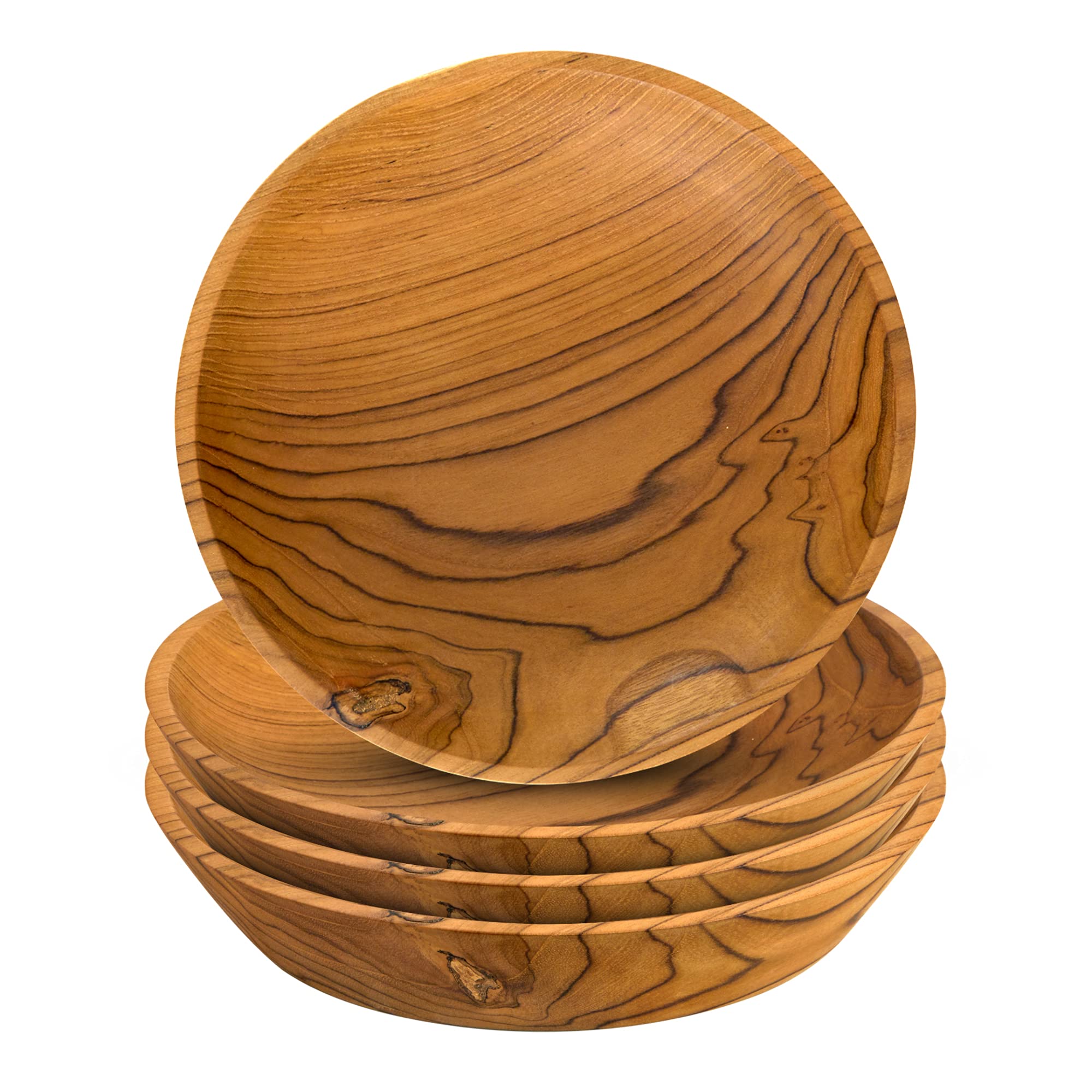 Yuniff 4-Piece Teak Wood Salad Bowl Set - Natural Grain Wooden Pasta & Soup Bowls, Coupe Style for Healthy Meals, Entertaining & Kitchen Decor