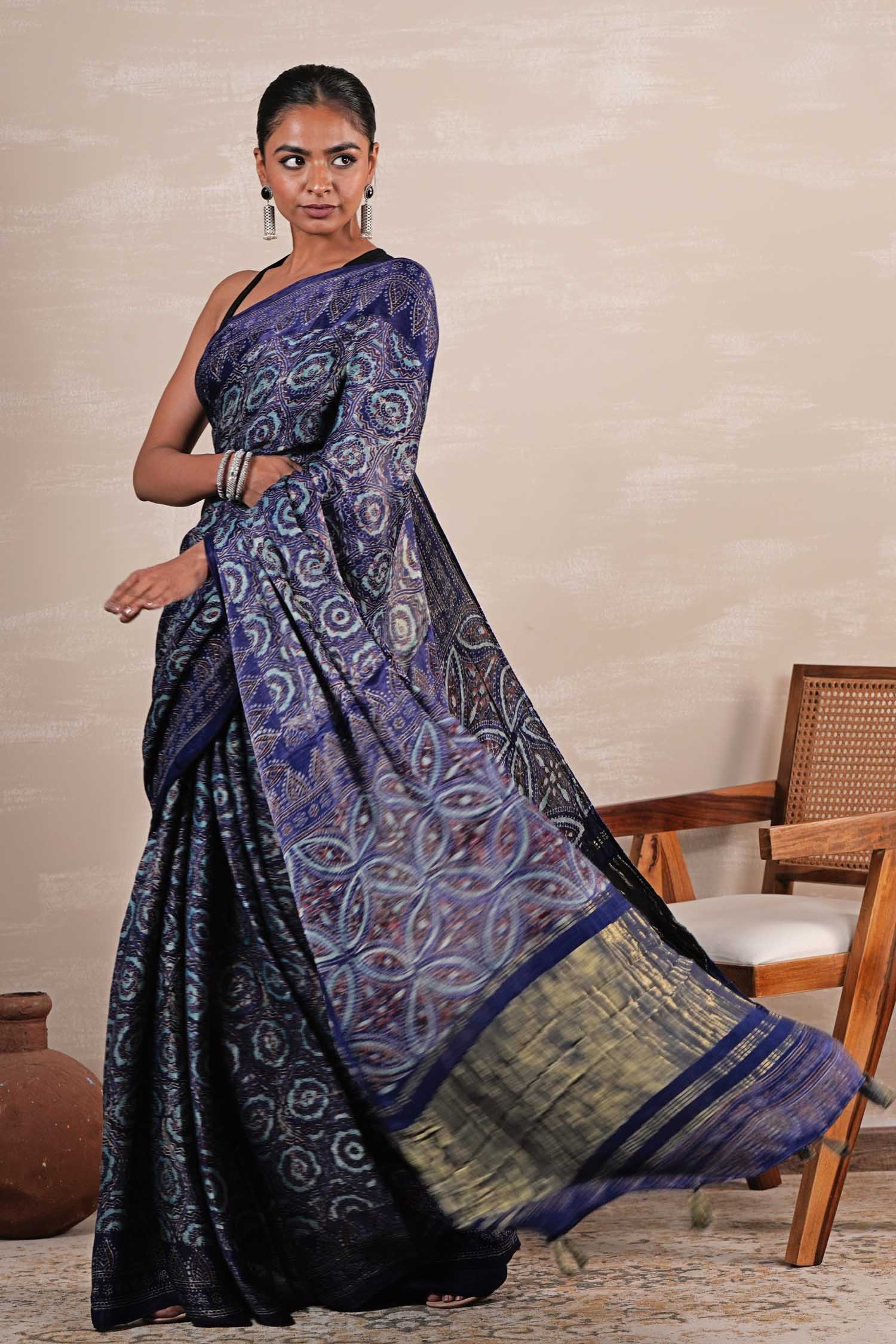 Celestial Cascade Hand Block Printed Modal Tissue Saree - Soft & Lightweight Indian Traditional Dress for Women - Perfect for Weddings, Festivals & Special Occasions