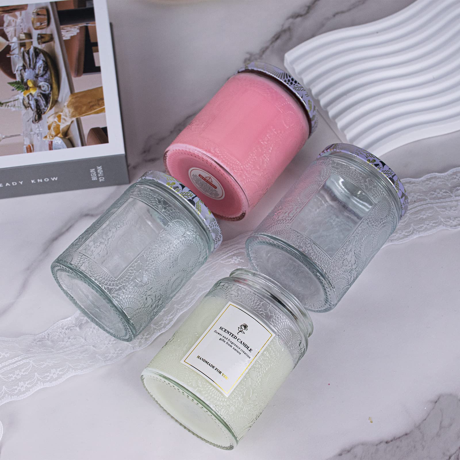 8.8oz (9 Pack) Clear Embossed Glass Candle Jars with Tin Lids - DIY Candle Making Supplies Includes Sticker Labels & Warning Stickers - Perfect for Home Decor, Wedding Favors, and Craft Projects