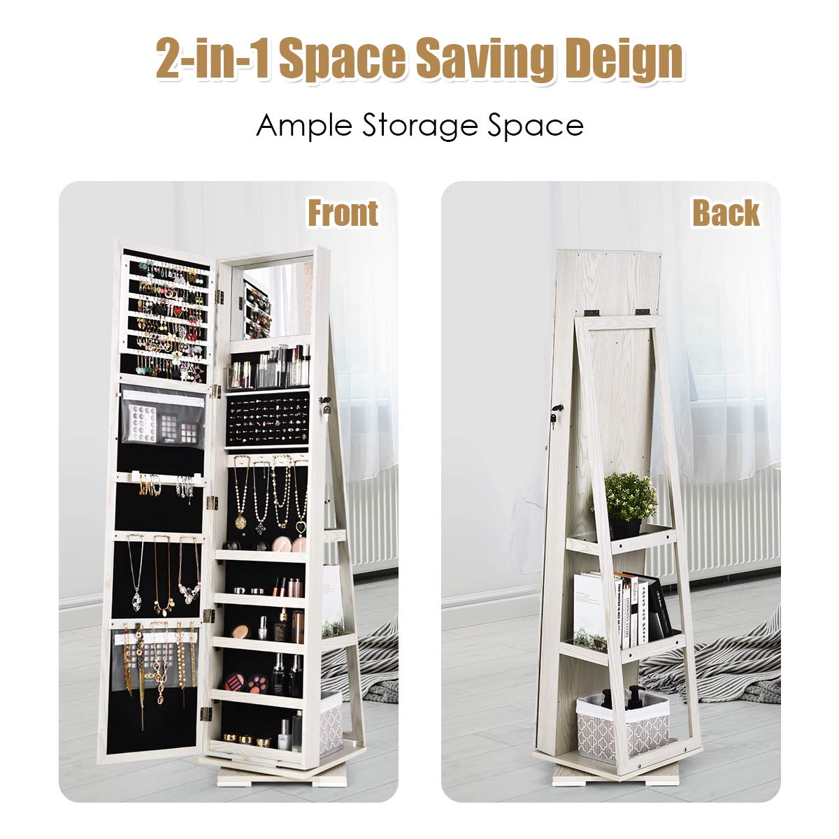 Charmaid 360° Swivel Jewelry Armoire with Full-Length Mirror & Built-In Makeup Mirror - Lockable Standing Jewelry Cabinet Organizer with Large Storage Capacity & Back Shelves (Gray-White) for Bedroom, Closet & Dressing Room Organization