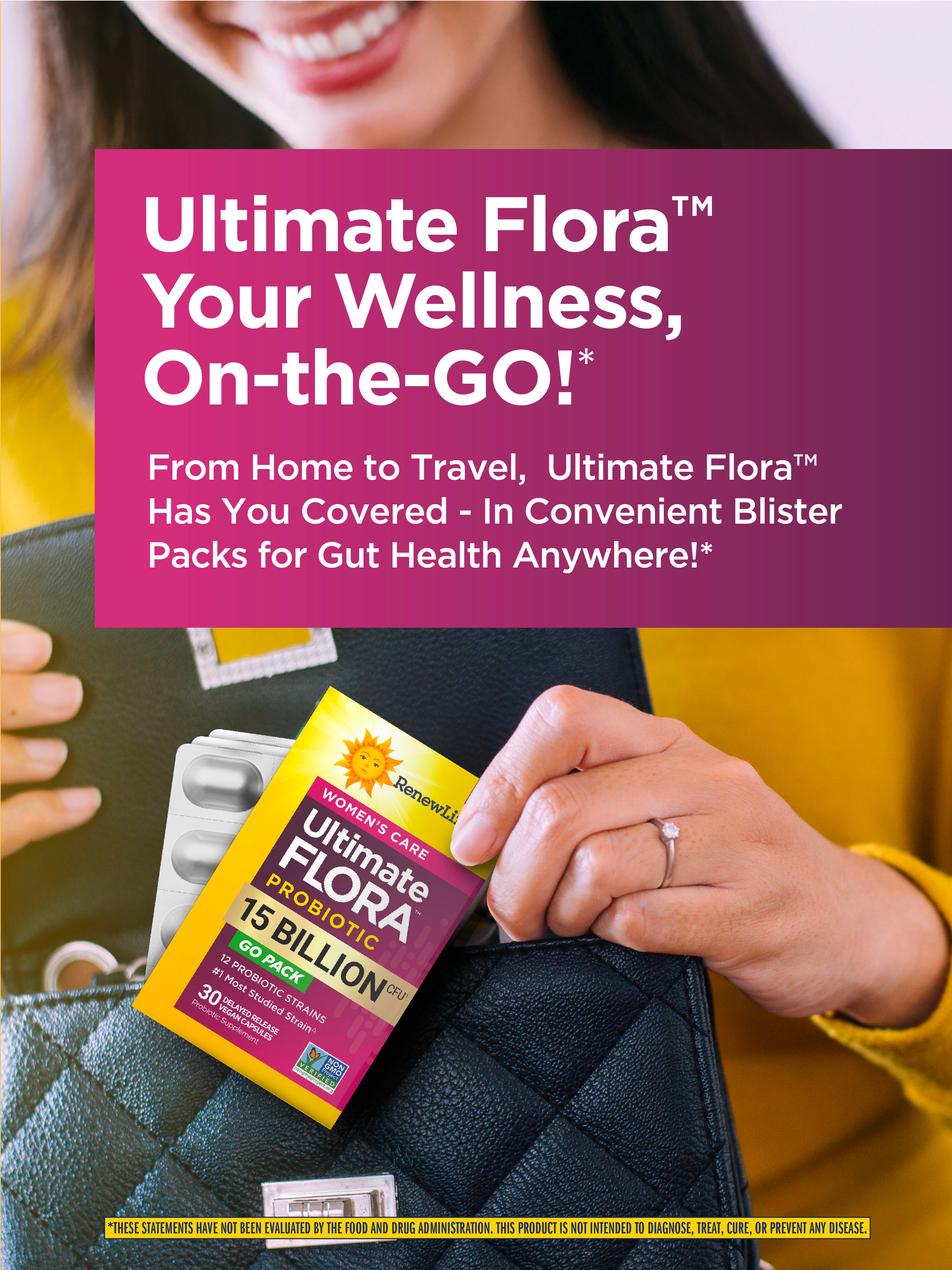 Ultimate Flora Women's Care Probiotic 15 Billion CFU - 30 Delayed Release Vegan Capsules for Digestive & Immune Support | Daily Gut Health Supplement for Women | Travel-Friendly GO PACK