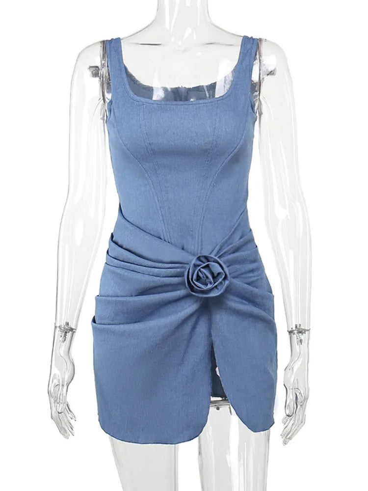 Women's Floral Denim Mini Dress - Strapless Backless Ruched Sleeveless Skinny Sexy Dress for Date Night & Summer Outfits