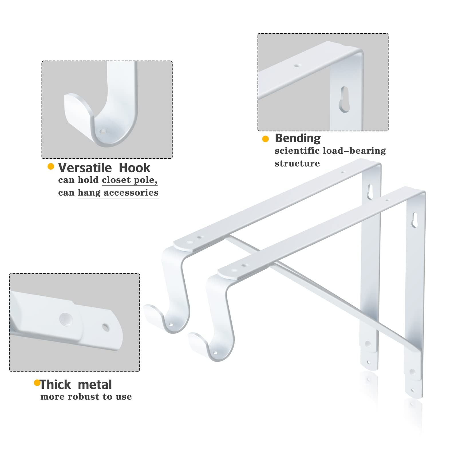Heavy Duty Closet Rod Bracket Set - 2 Pack White Wall Mounted Shelf Bracket with Clothes Hanger Pole Support (10.9x10.2 Inch) for Wardrobe Organization & Closet Storage Solutions