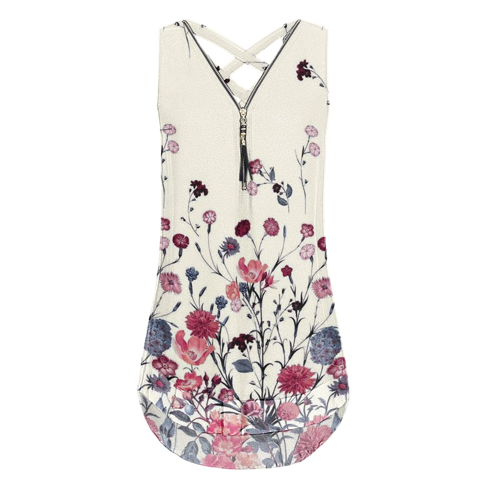 Women's Floral Print V-Neck Sleeveless Tank Top with Strappy Back & Zipper Detail - Casual Loose Fit Cami for Summer - White, Small | Perfect for Beach Outings, Music Festivals & Everyday Wear
