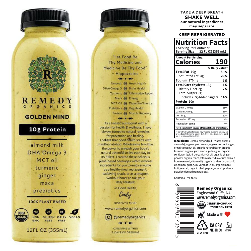Remedy Organics Golden Mind 12-Pack | USDA Organic Plant-Based Protein Shakes | Ready to Drink, Gluten Free, Dairy Free, Soy Free | Perfect for Post-Workout Recovery & Healthy On-the-Go Nutrition