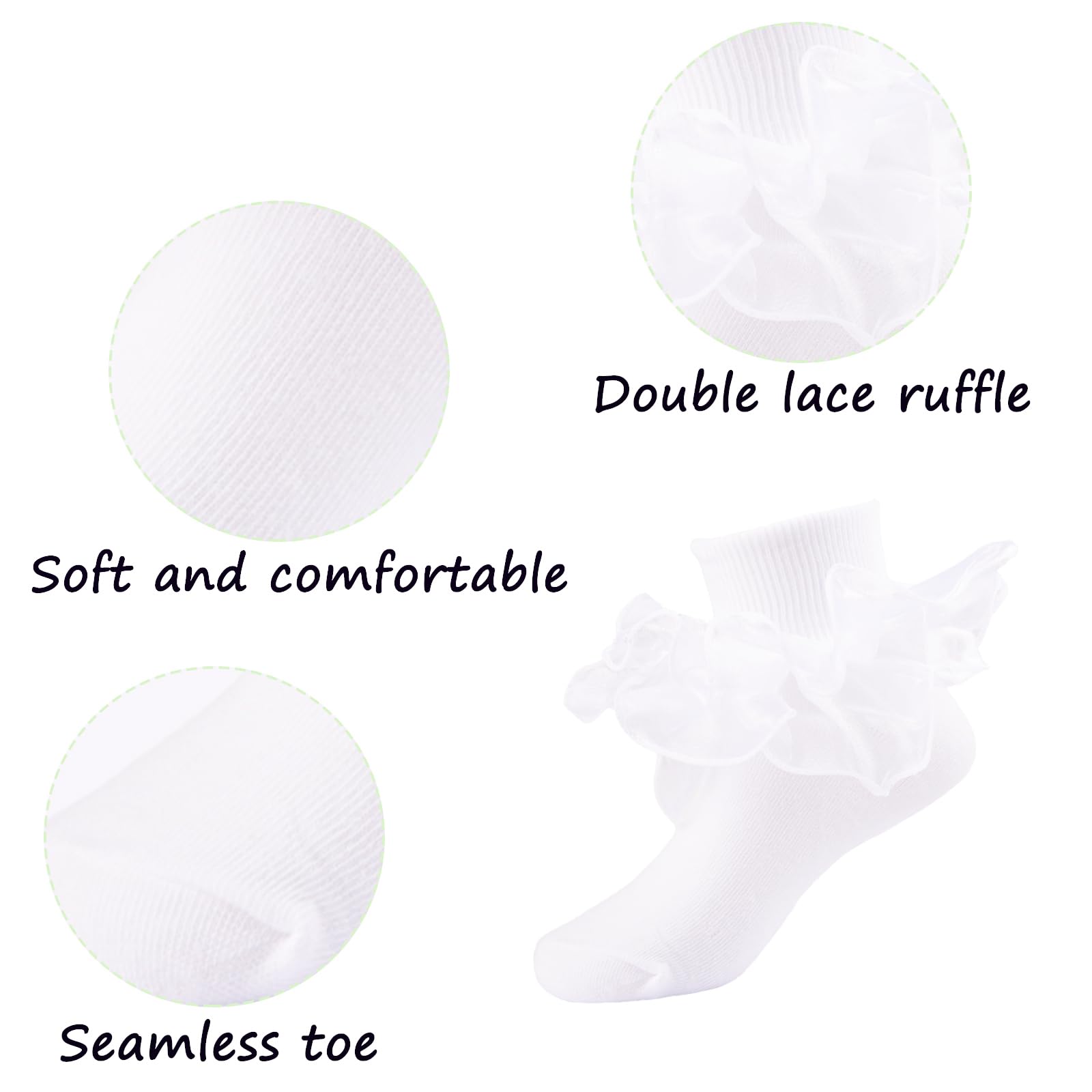 Girls Ruffle Socks - Shiny Double Big Lace Ankle Socks (2-3 Pairs) | Toddler Turn Cuff Frilly Dress Socks for Pageants, Parties & Special Occasions
