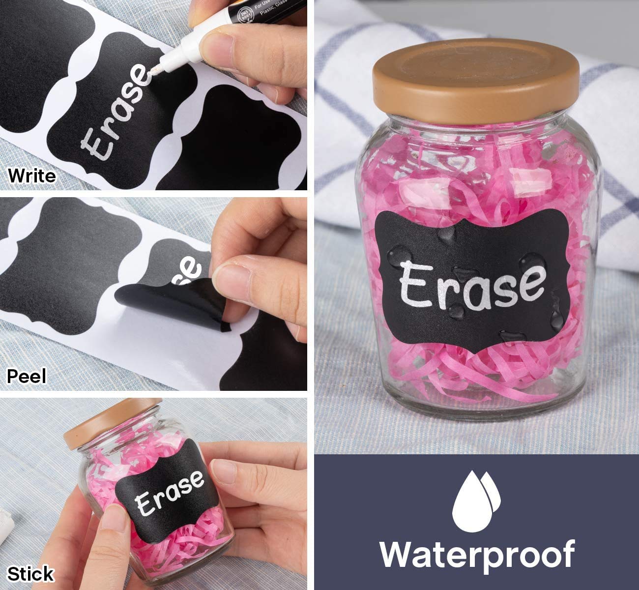 180Pcs Reusable Waterproof Chalkboard Labels with Erasable Chalk Pen - Perfect for Jar Labels, Party Decorations, Craft Rooms, Pantry Organization & Storage Bins | Ideal for Mason Jars, Bottles, Kitchen & Home Organization