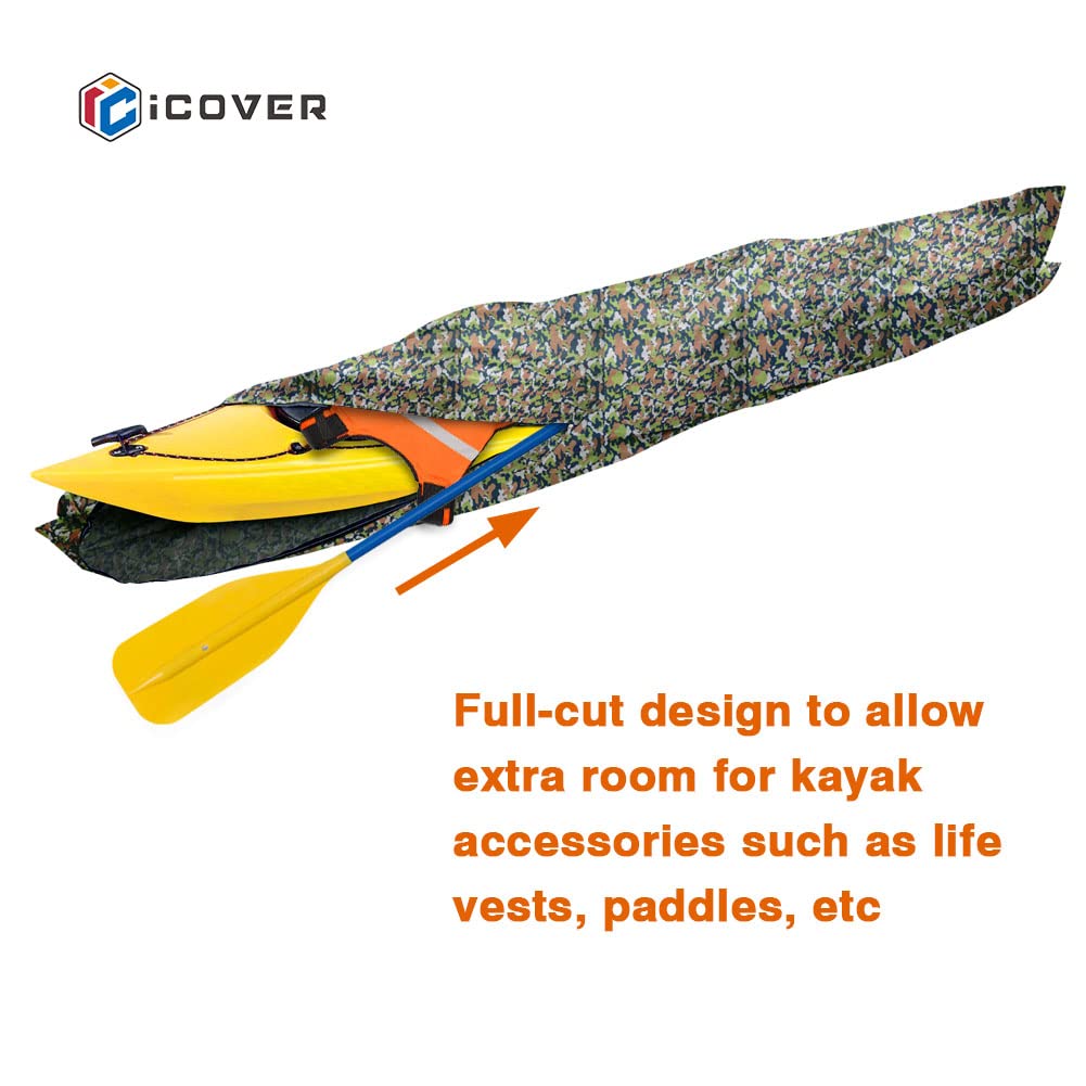 10ft Waterproof Heavy Duty Kayak Canoe Cover - Universal Fit for Kayaks & Canoes up to 10ft Length & 27in Width - UV Resistant Camouflage Design - Perfect for Outdoor Storage, Travel & Winter Protection