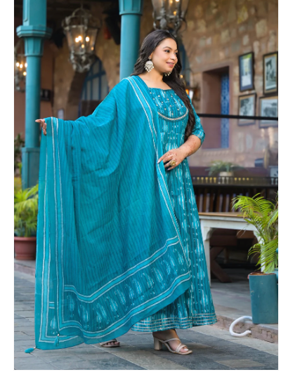 Plus Size Turquoise Anarkali Kurti with Dupatta Set of 2 - Elegant Indian Ethnic Wear for Women | Perfect for Weddings, Festivals & Special Occasions