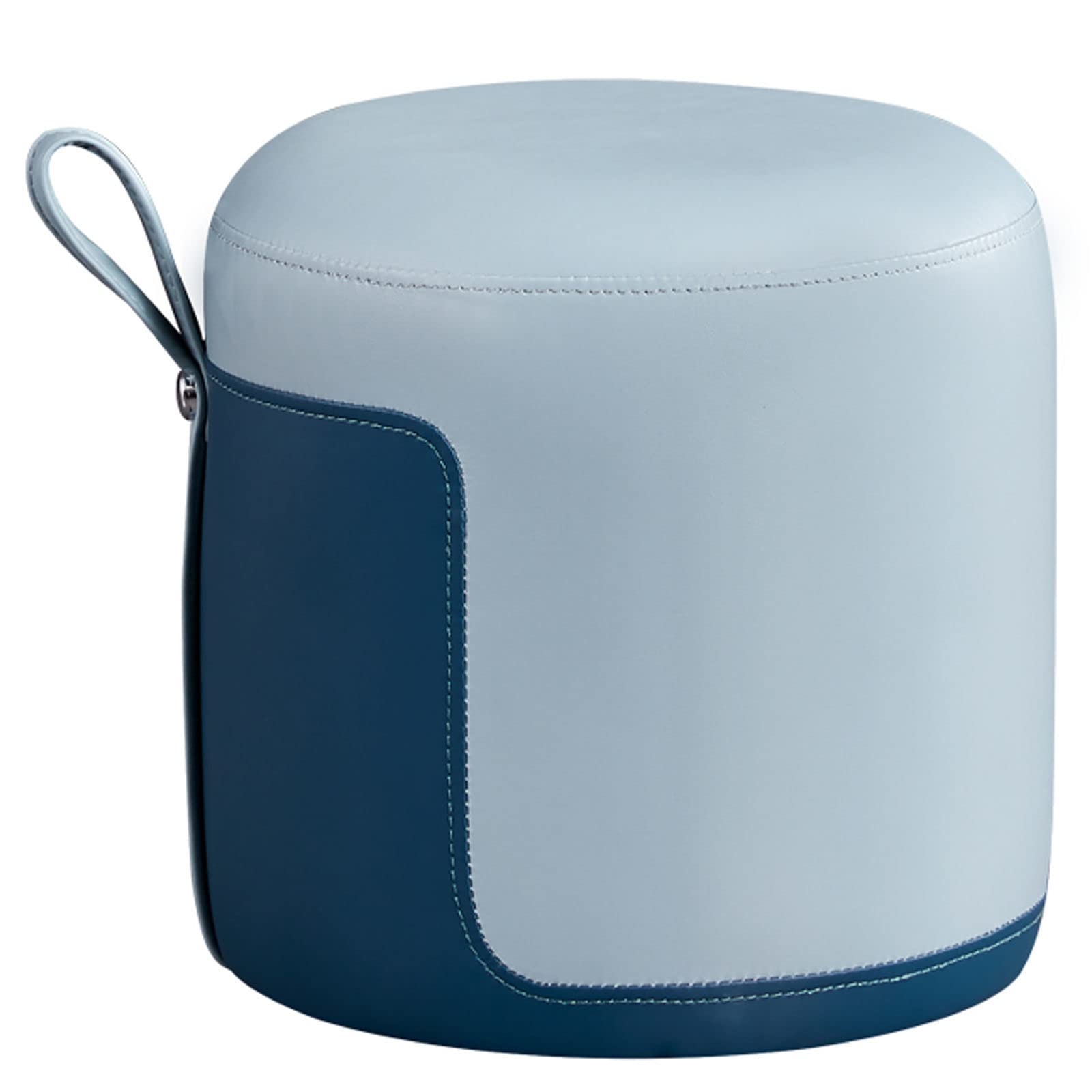 Round PU Ottoman Footrest Stool with Portable Strap - Light Blue, 12.6 x 12.6 Inch - Stackable Upholstered Pouf for Living Room, Bedroom & Office - Perfect for Extra Seating, Footrest or Side Table