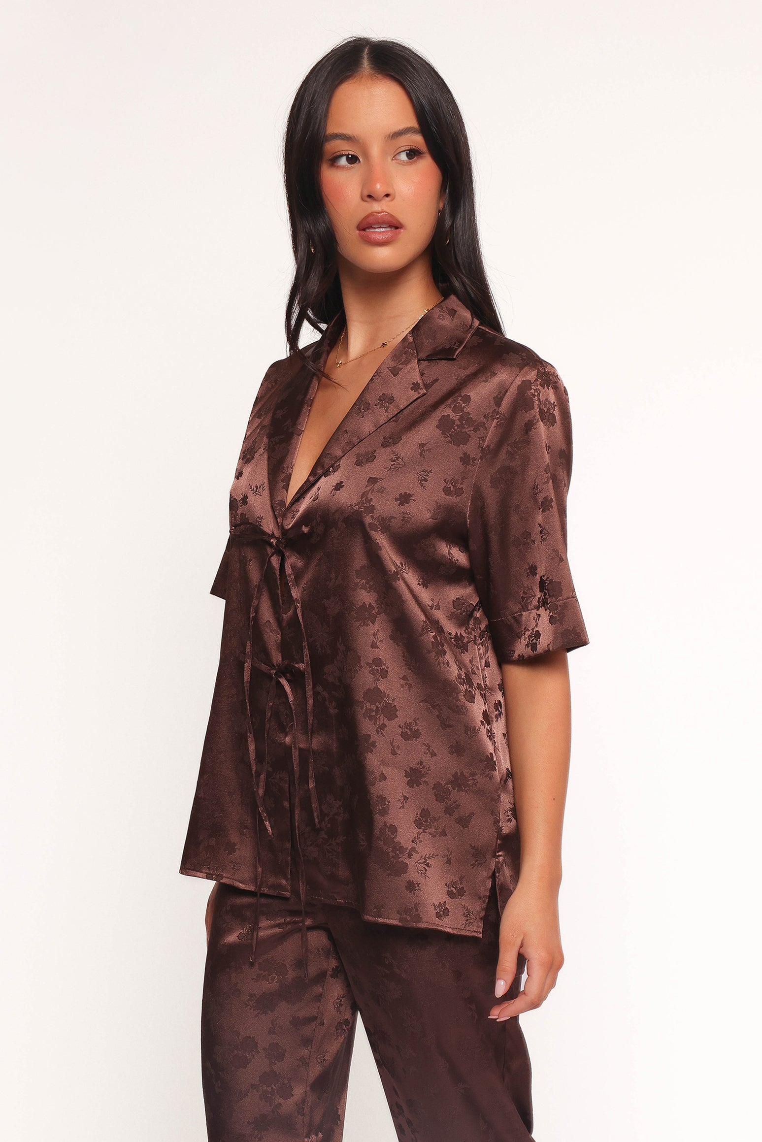 Aaliyah Women's Satin Tie Front Blouse in Chocolate Brown - Perfect for Date Night & Evening Outfits