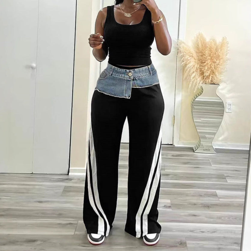 Stylish Straight Loose Patchwork Jeans for Women - Trendy Distressed Denim Pants with Comfortable Fit - Perfect for Casual Outings, Streetwear Fashion & Everyday Wear