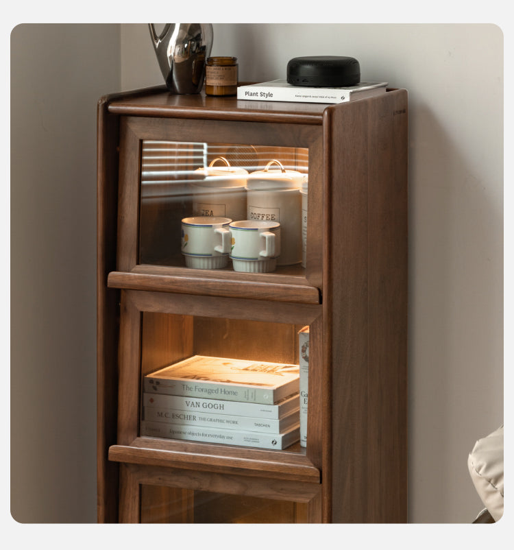 Solid Black Walnut & Oak Wood Glass Flip Door Display Cabinet with LED Lights - Perfect for Living Room, Bedroom & Office Storage & Display