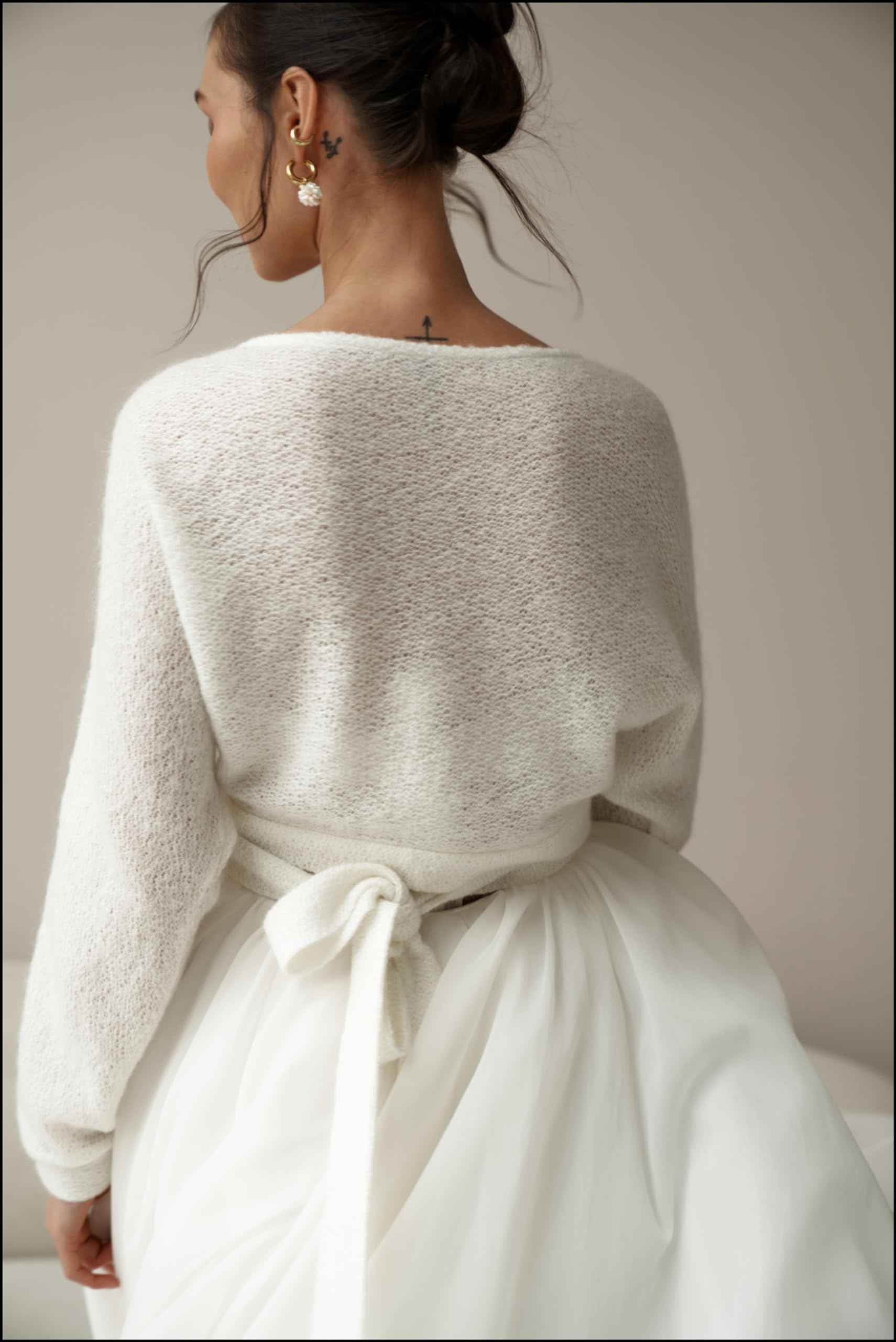 Elegant Ivory Bridal Cardigan with Ties - Cozy Wedding Dress Wrap Sweater for Bride, Chic Knitwear for Bridal Party, Engagement & Outdoor Ceremony (Size S)