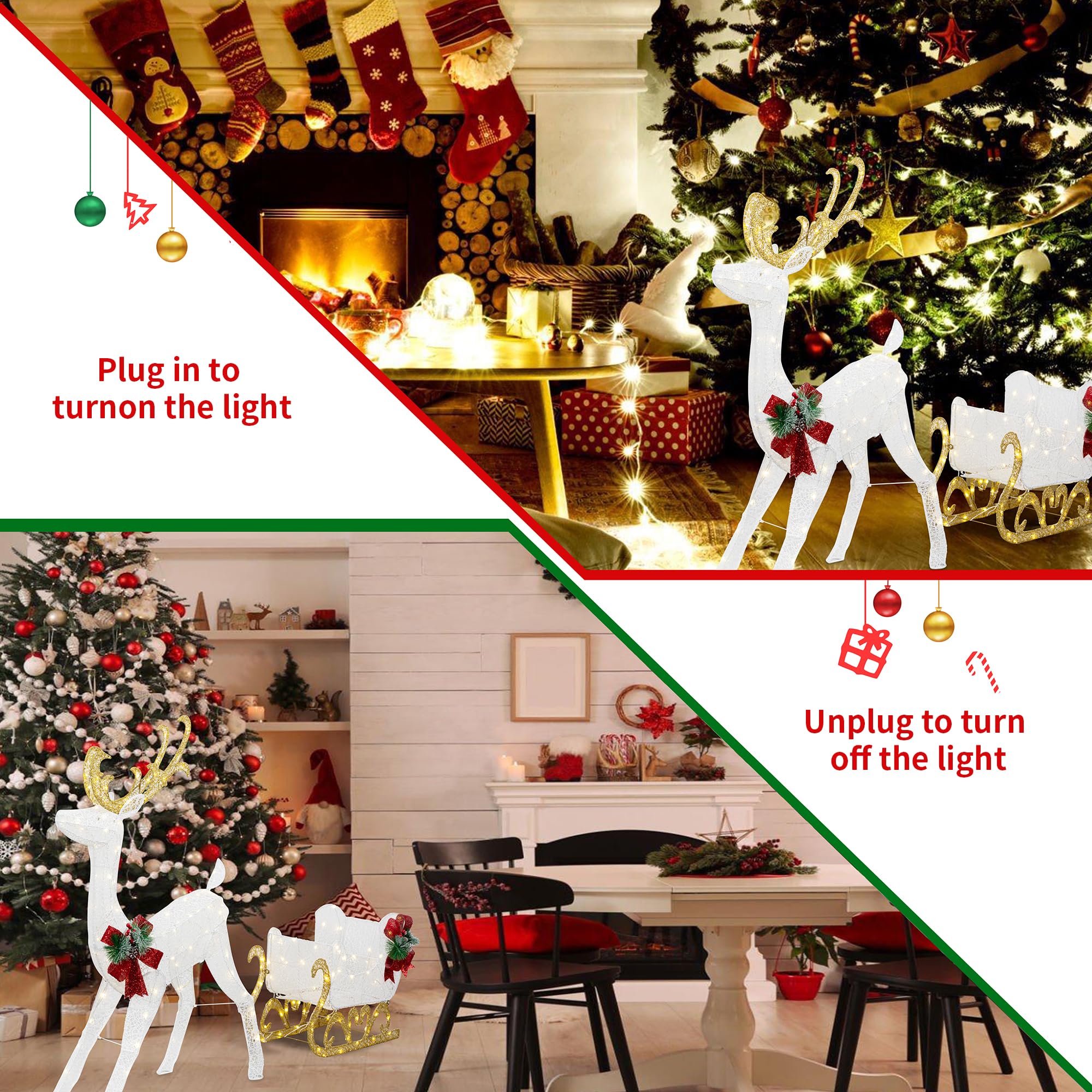 White Reindeer and Santa's Sleigh Christmas Decor with Pre-Strung LED Lights & Ground Stakes - Outdoor Holiday Yard Decoration for Festive Home Decor