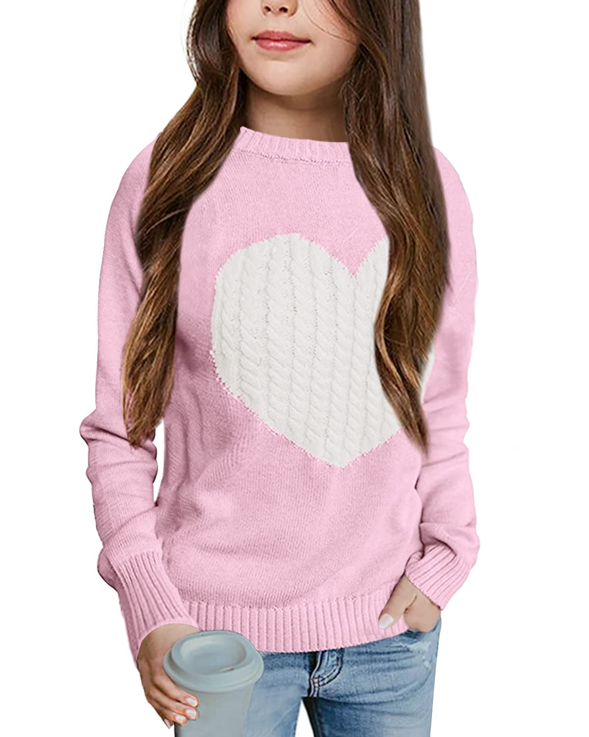 Batermoon Girls' Pullover Sweaters - Long Sleeve Cute Heart Pattern Crewneck Knit Jumper Tops for School, Casual Wear & Winter Outfits