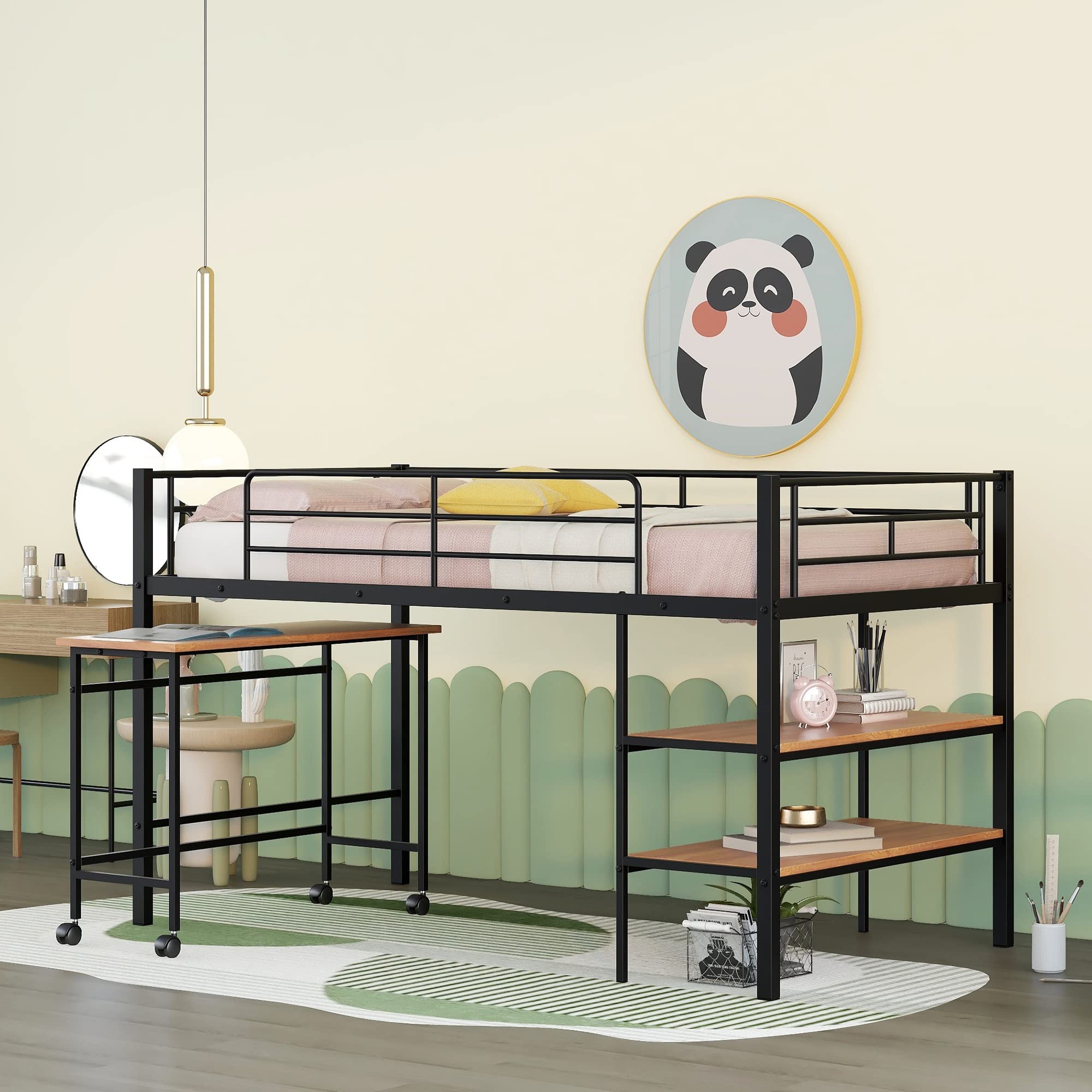Twin Metal Bunk Bed with Rolling Desk & Ladder - Space Saving Loft Bed for Kids & Teens with 2 Shelves - Perfect for Small Bedrooms, Dorms & Shared Kids Rooms