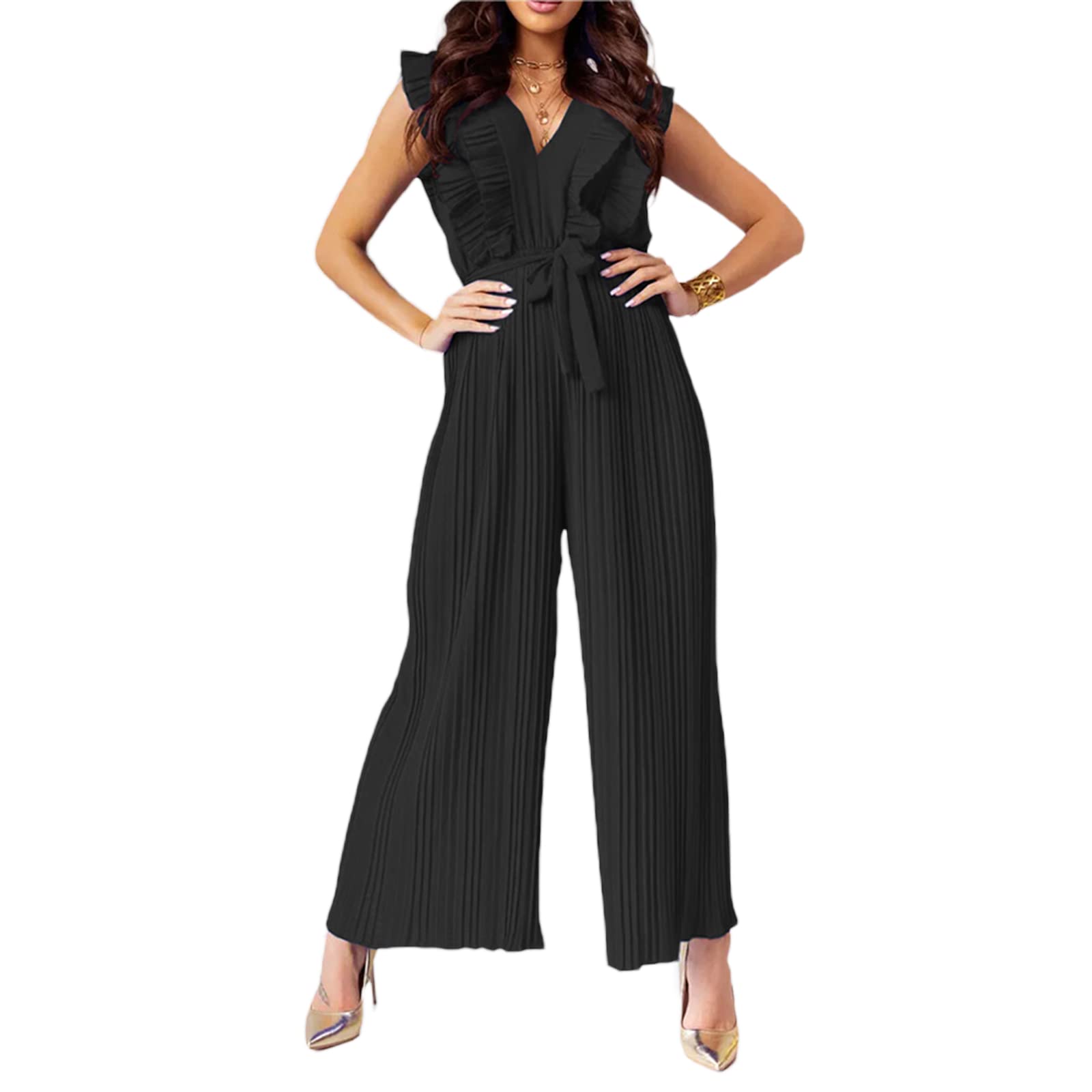 GOOCHEER Women's Ruffle Sleeveless Pleated Belted Wide Leg Jumpsuit - Stylish One-Piece Romper for Casual Outings, Summer Parties & Fashionable Everyday Wear