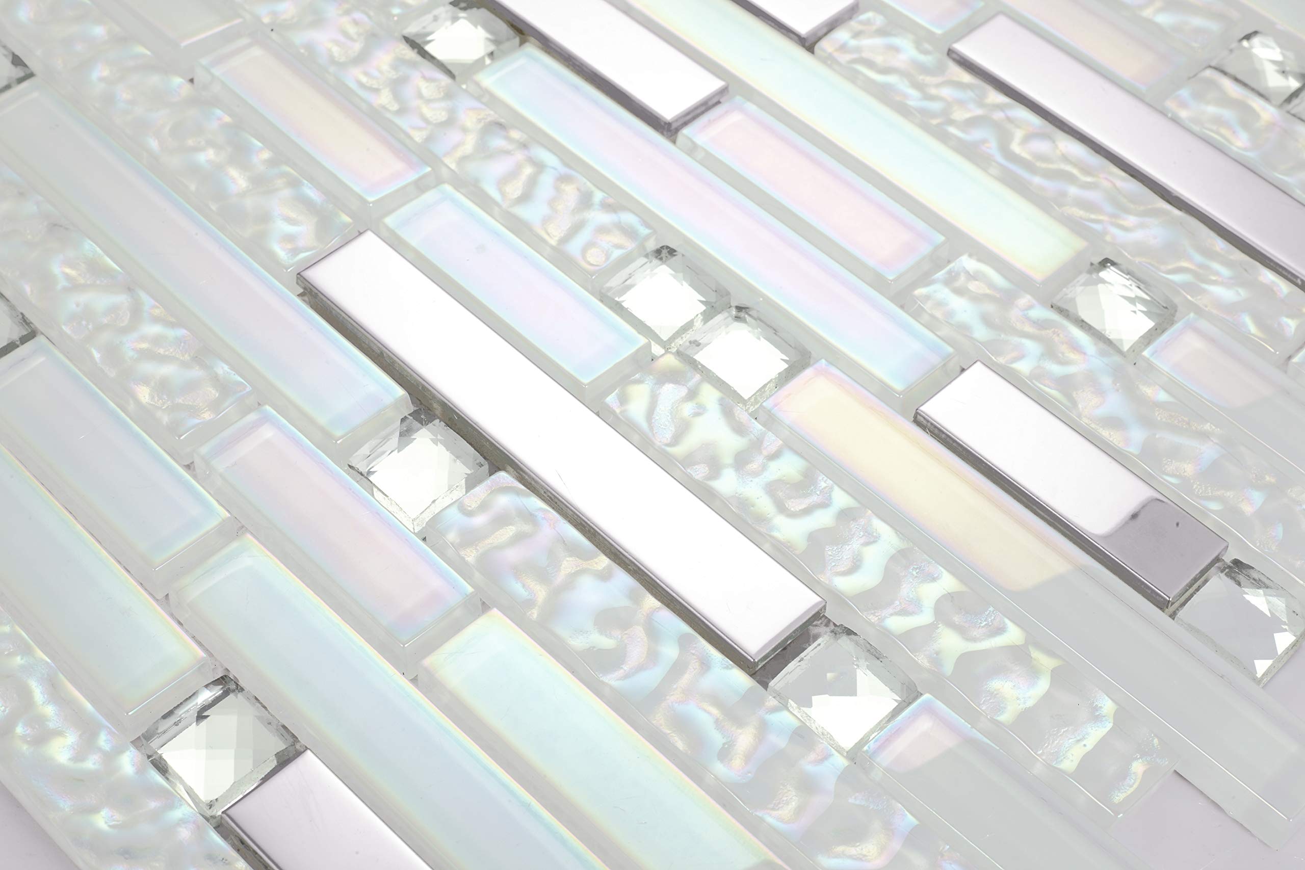 Iridescent White Crystal Glass Chrome Metallic Linear Mosaic Tile - Stain Resistant Kitchen Backsplash & Bathroom Shower Wall Tiles - 5 Sq Ft - Perfect for Modern Home Decor and Commercial Spaces