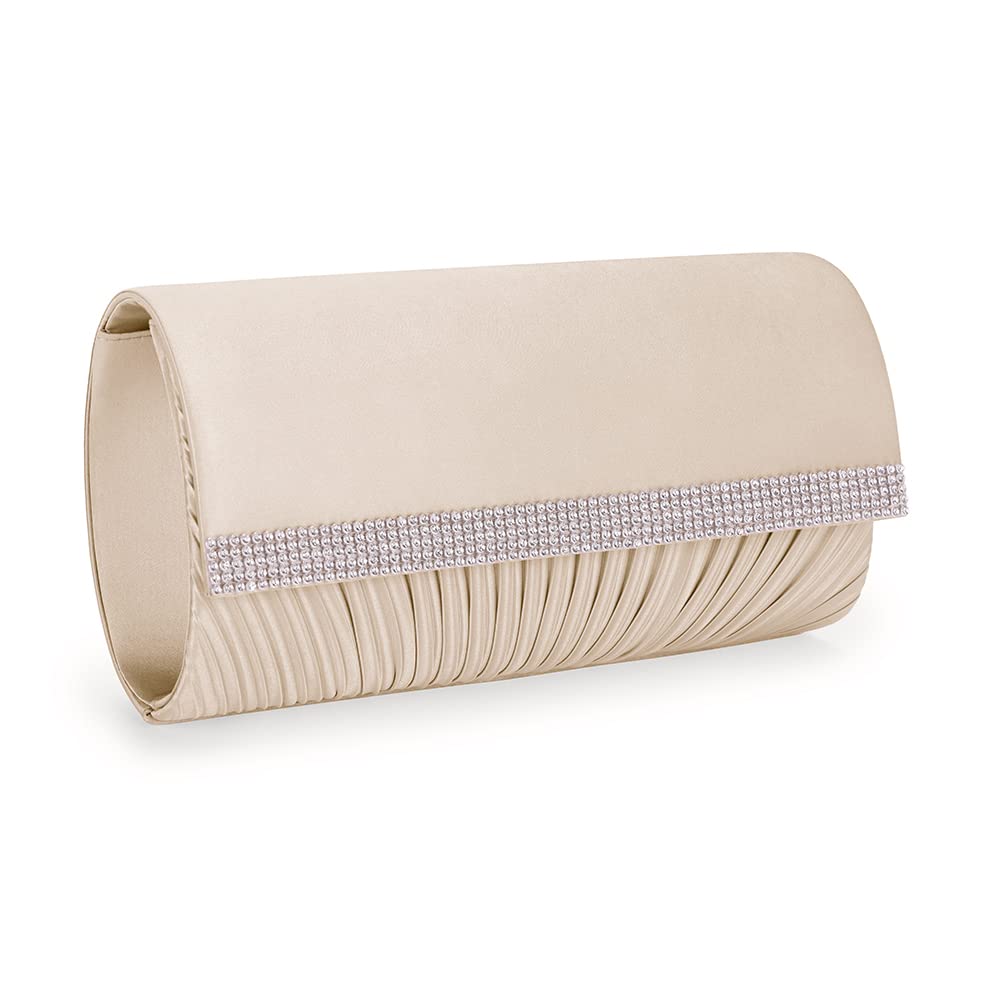 Elegant Rhinestone Pleated Satin Clutch Purse for Women - Sparkly Evening Bag for Party, Prom, Wedding & Special Occasions | Crossbody Handbag with Adjustable Chain