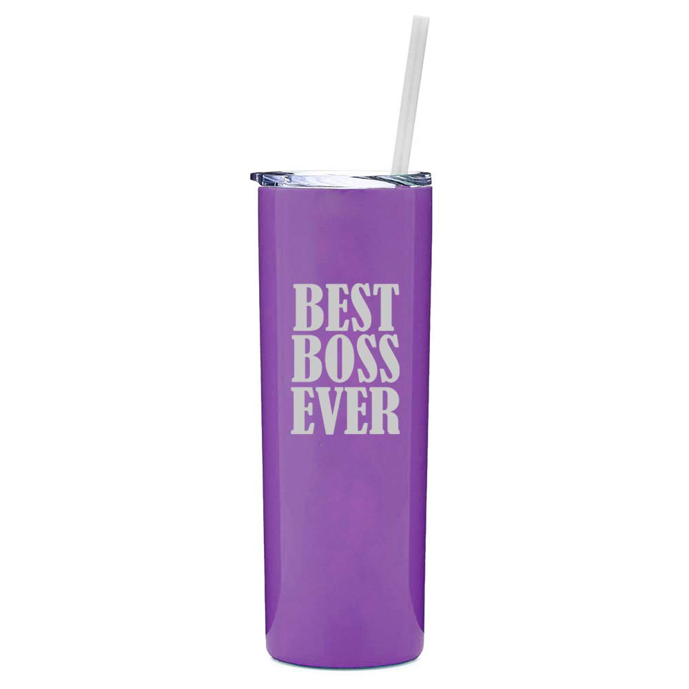 20 oz Stainless Steel Vacuum Insulated Skinny Tall Tumbler with Straw - Best Boss Ever Gift - Purple Travel Mug for Coffee, Tea & Cold Drinks - Perfect for Office, Commuting & Outdoor Activities