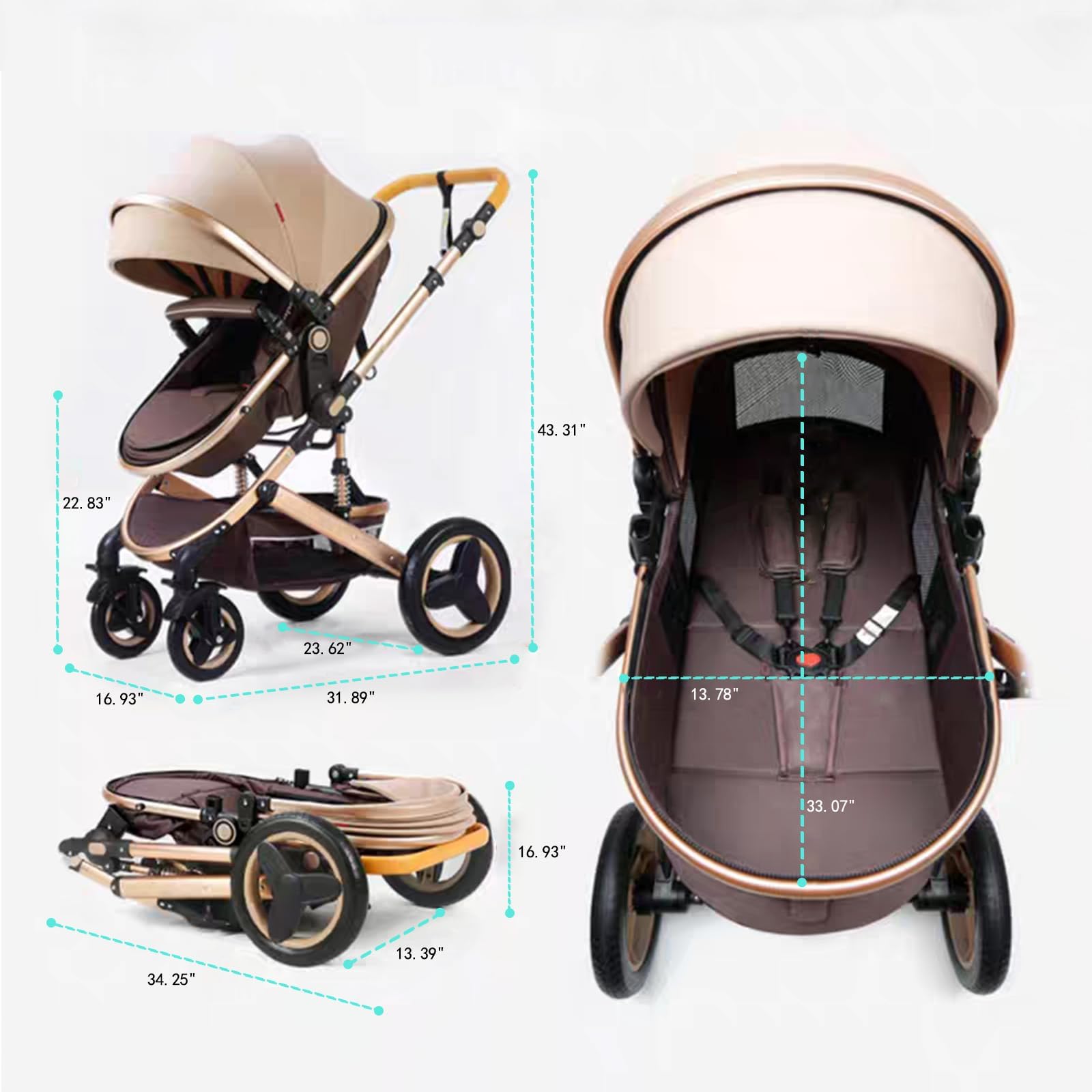 Premium 2-in-1 Baby Stroller with Bassinet & Reversible Seat - Foldable Travel Pram for Newborns & Infants - High Landscape Stroller for Outdoor Walks & Shopping (Khaki)